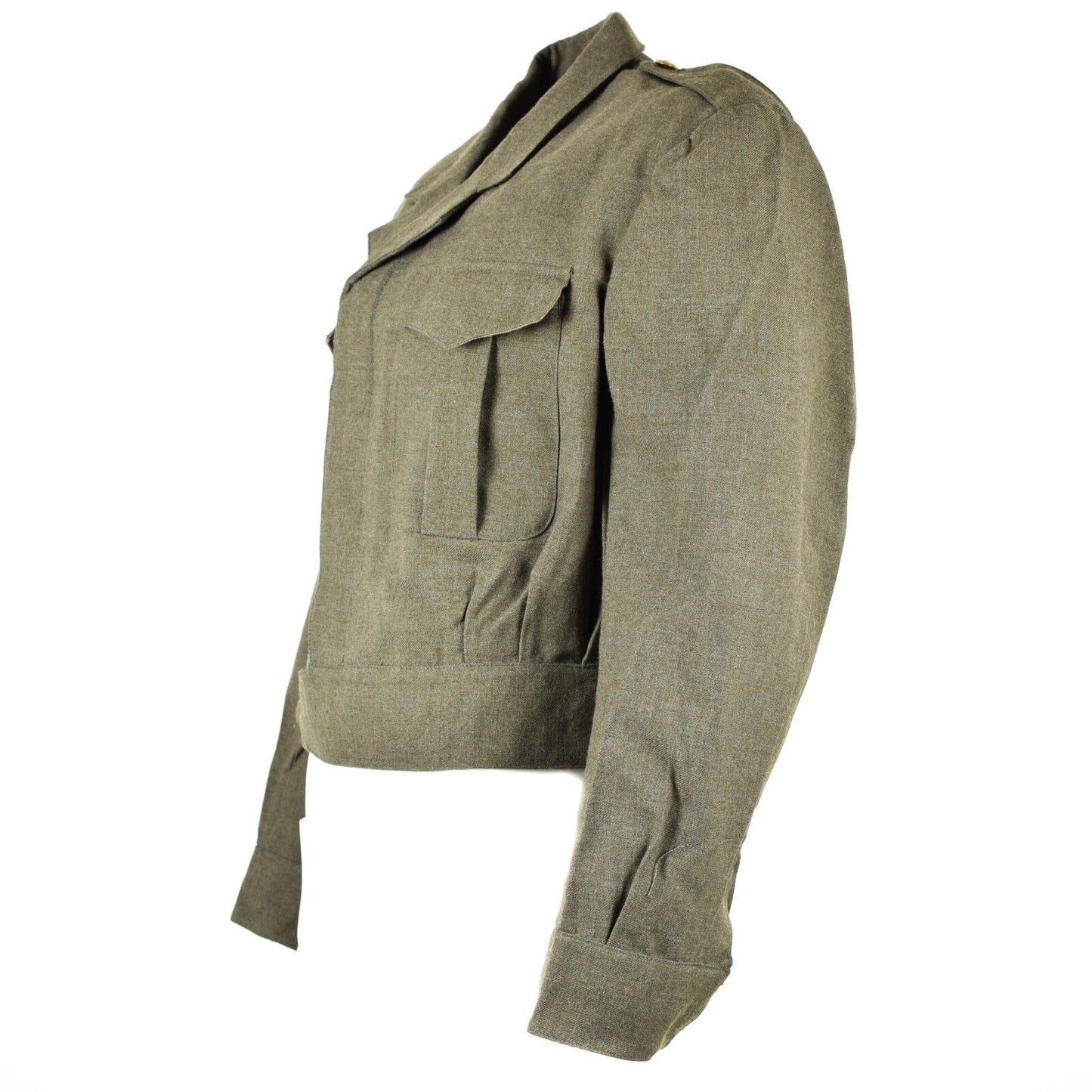 Belgijos kariuomenes vintazinis Ike stiliaus alyvuogiu spalvos svarkas su krutines kisenėmis ir auksta apykakle