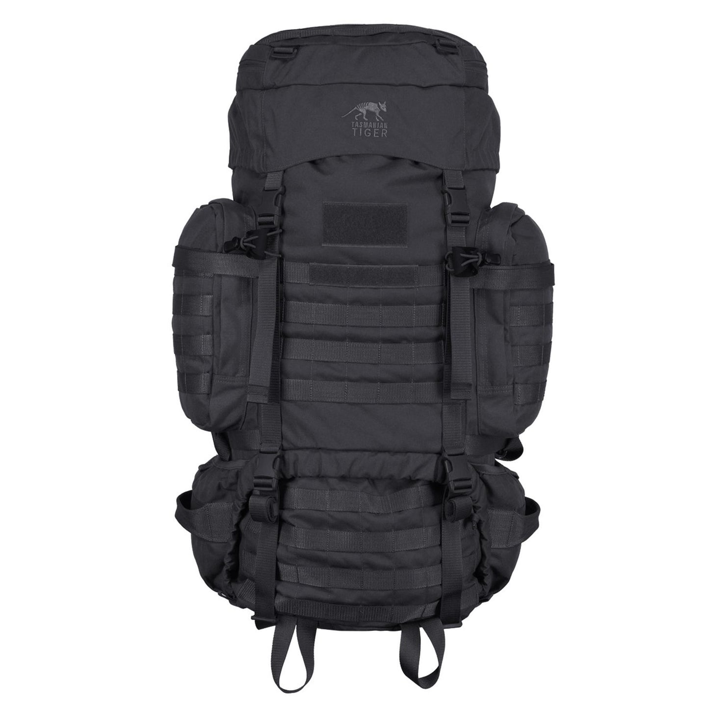 Juoda taktine kuprinė Tasmanian Tiger Raid Pack MK III 52L su MOLLE sistema ir nuimamu juosmens diržu.