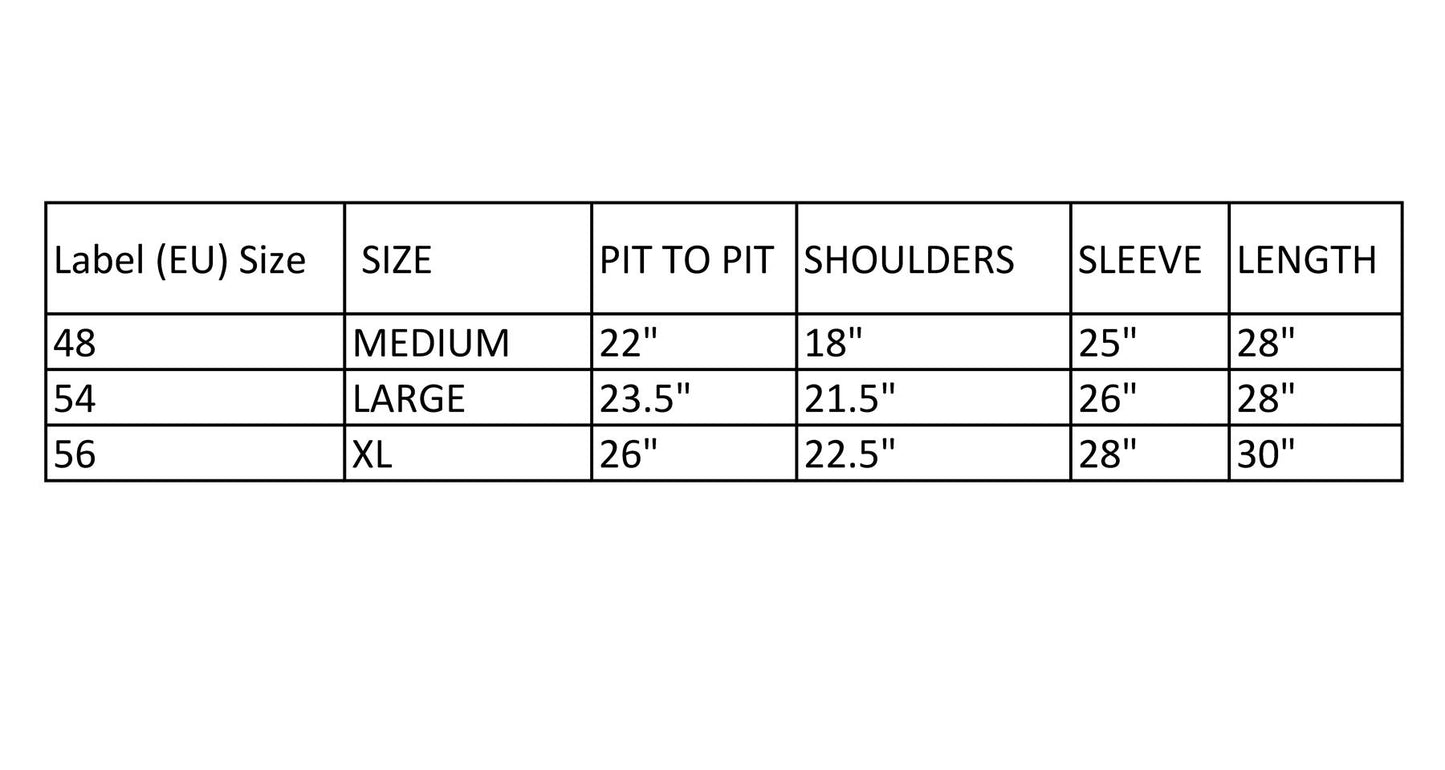 Dydžių lentelė Vokietijos kariuomenės megztinis Commando vilnonis: Medium, Large, XL matmenys coliais.