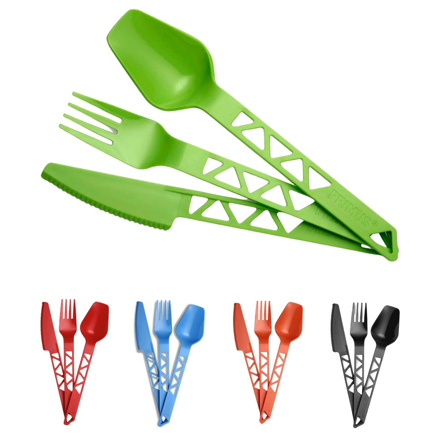 Primus Lightweight Trailcutlery Tritan stalo įrankių rinkinys šakutė šaukštas peilis įvairių spalvų, lengvas ir kompaktiškas.