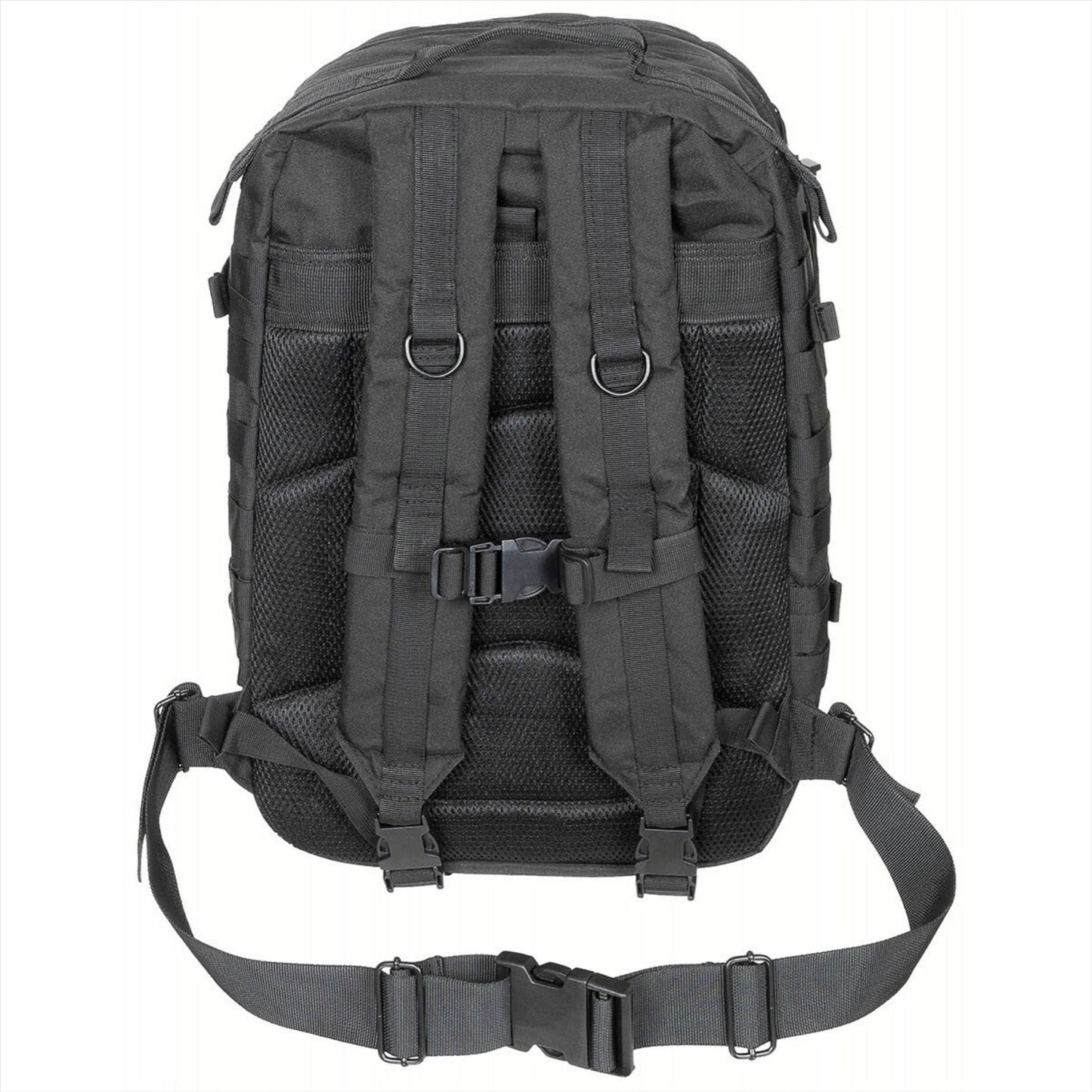 MFH US Assault II taktinė kuprinė 40L su MOLLE sistema, paminkštintomis petnešomis ir gertuvės skyriumi juodos spalvos.