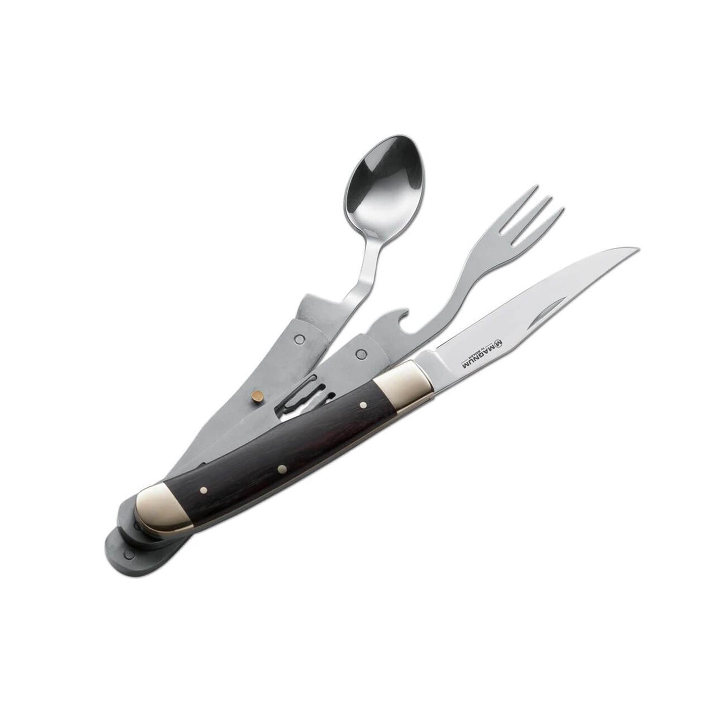 BOKER Bon Appetite sulankstomas multifunkcinis peilis su stalo irankiais, juoda rankena ir metaliniai stalo irankiai