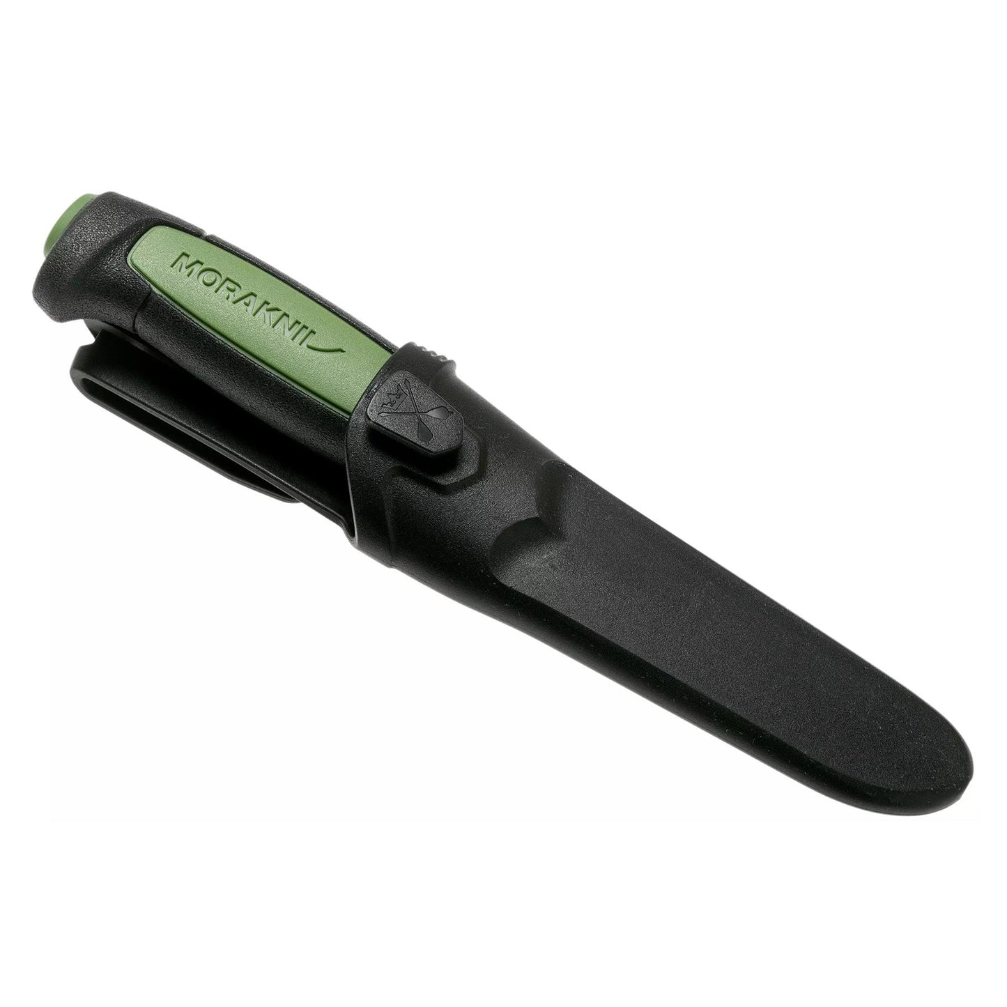 MORAKNIV Pro Safe universalus peilis su fiksuota geležte ir nubukintu galu, polimerine rankena ir diržo dėklu.