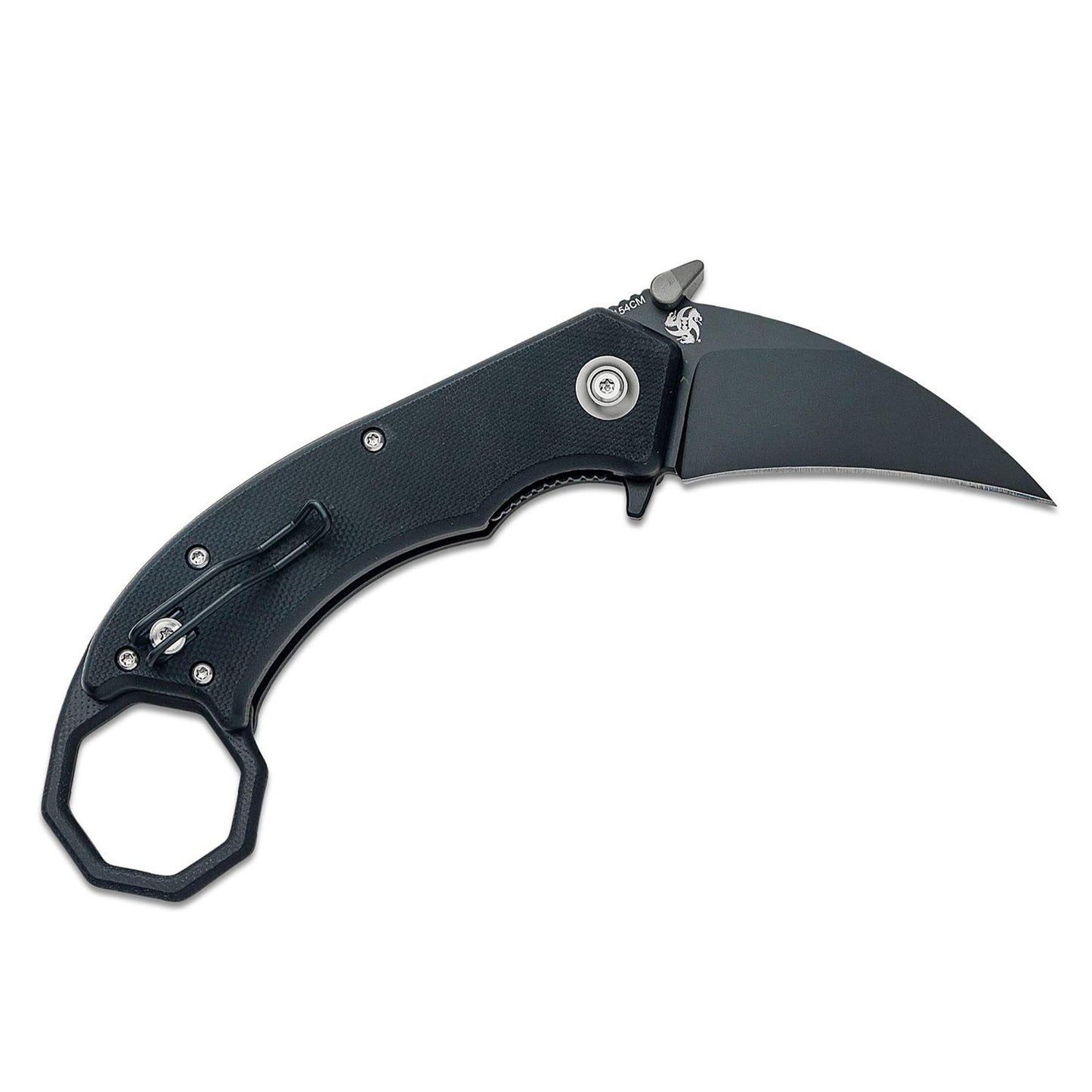Boker Plus HEL taktinis sulankstomas karambitas su juoda Hawkbill geležte ir teksturuota rankena ant balto fono