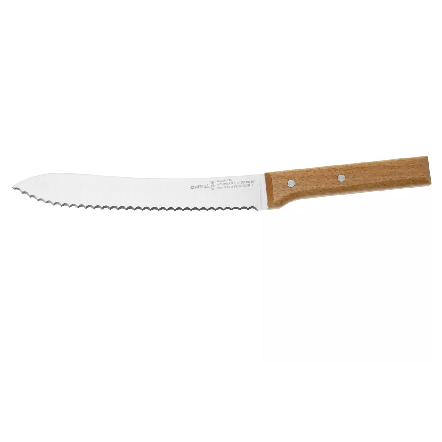 Opinel Parallele fiksuotas duonos peilis su medžio rankena, dantyta nerūdijančio plieno ašmenys ir ergonomiška rankena.