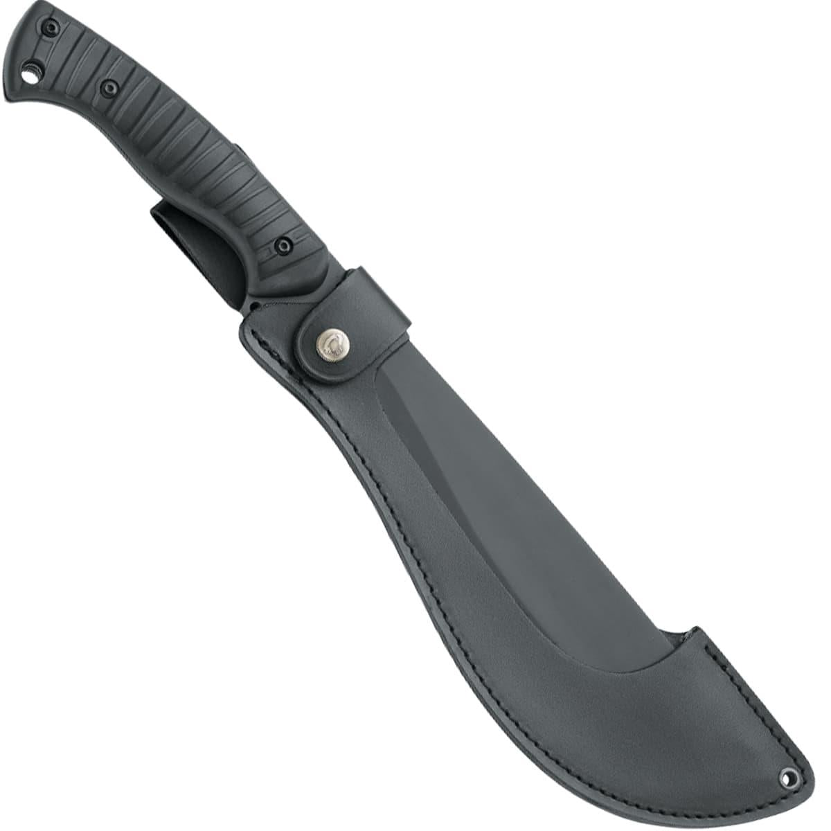 Fox Knives Jungle Bolo išgyvenimo mačetė su nerūdijančio plieno geležte ir odiniu dėklu stovyklavimui.