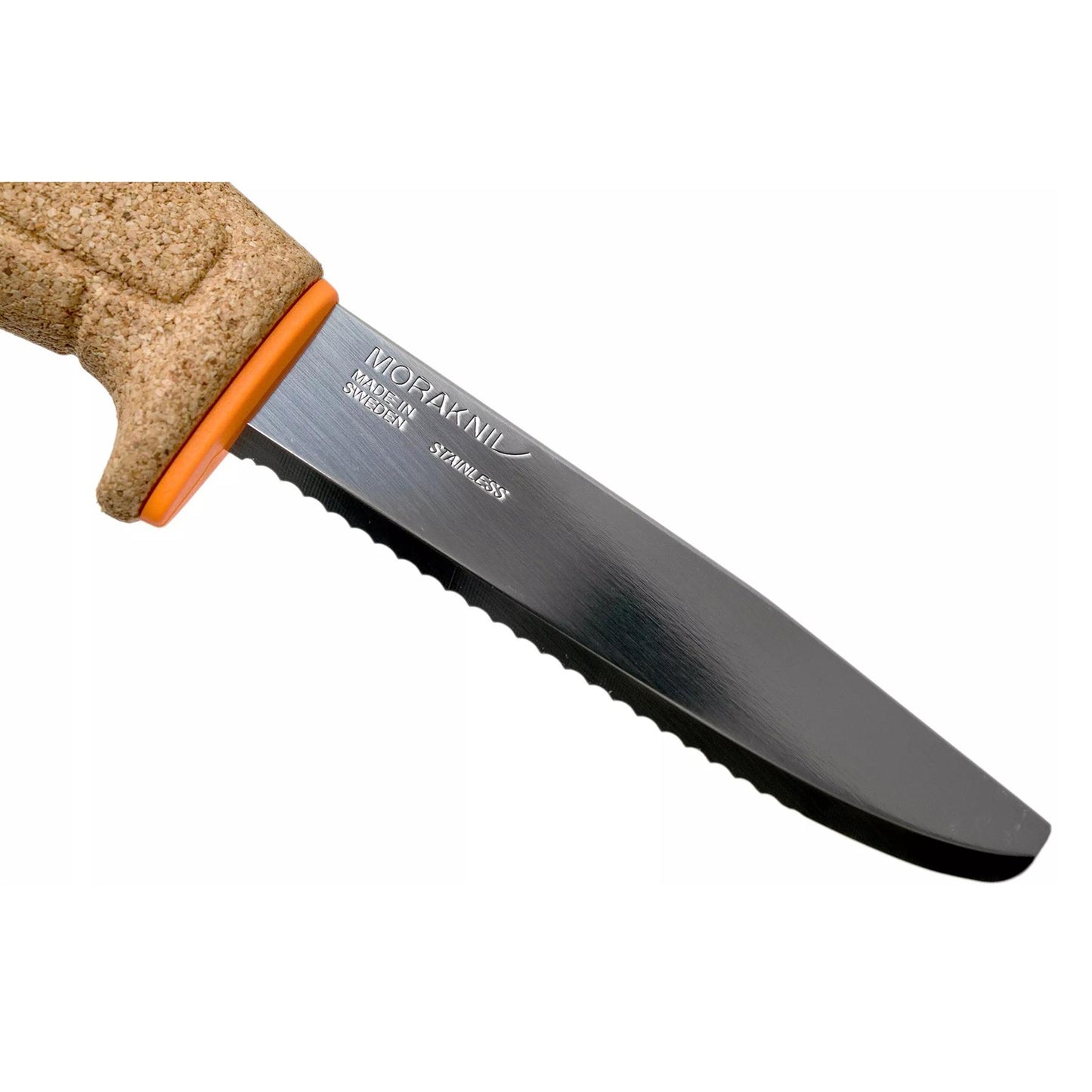 MORAKNIV Floating neskęstantis universalus peilis dantytais ašmenimis su ryškia rankena ir seriotais ašmenimis.