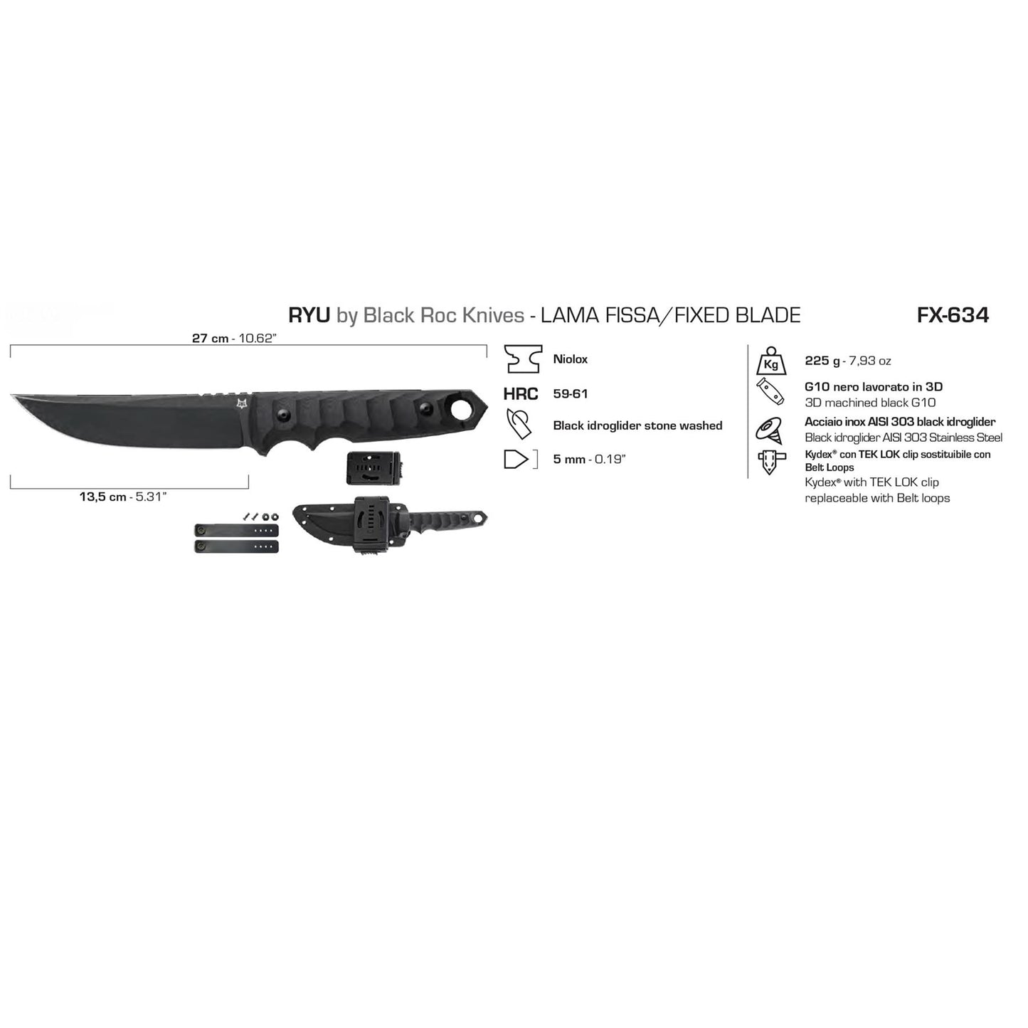 Fox Knives FKMD RYU taktinis modifikuotas tanto tipo peilis su fiksuotais ašmenimis ir patvaria rankena.