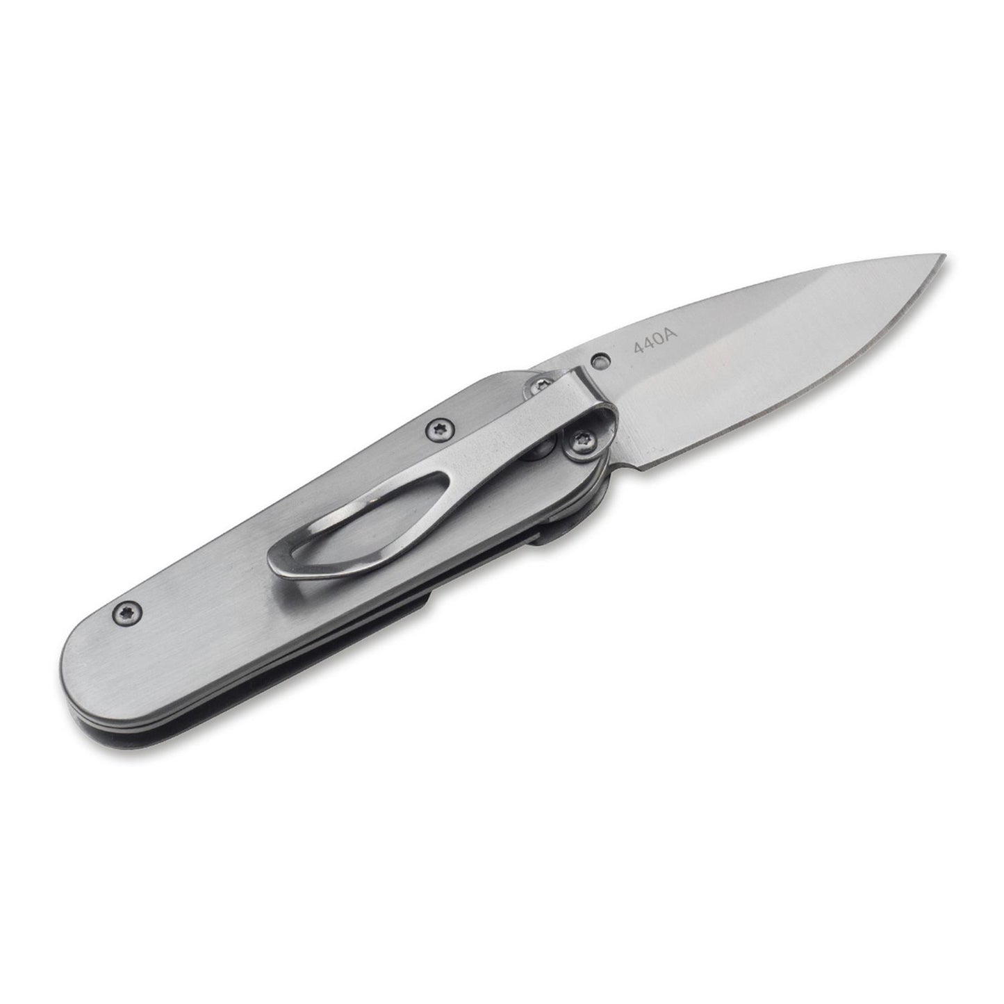 Boker Master Craftsman sulankstomas peilis su sidabrine rankena ir nedengta 440A plieno geležte, atlenktas vaizdas