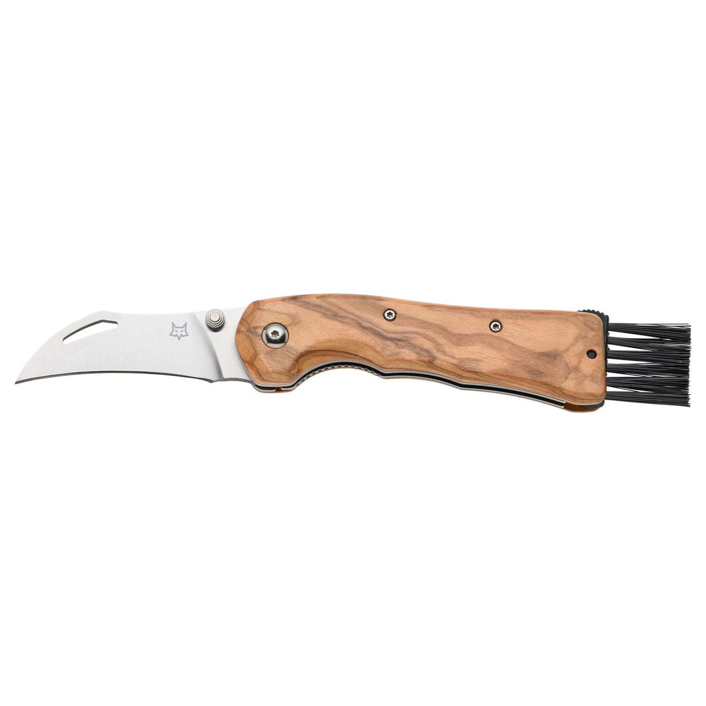 FoxKnives FOX SPORA FX-409 OL grybavimo peilis su 12C27 plieno ašmenimis ir alyvuogių medžio rankena, su integruotu šepetėliu