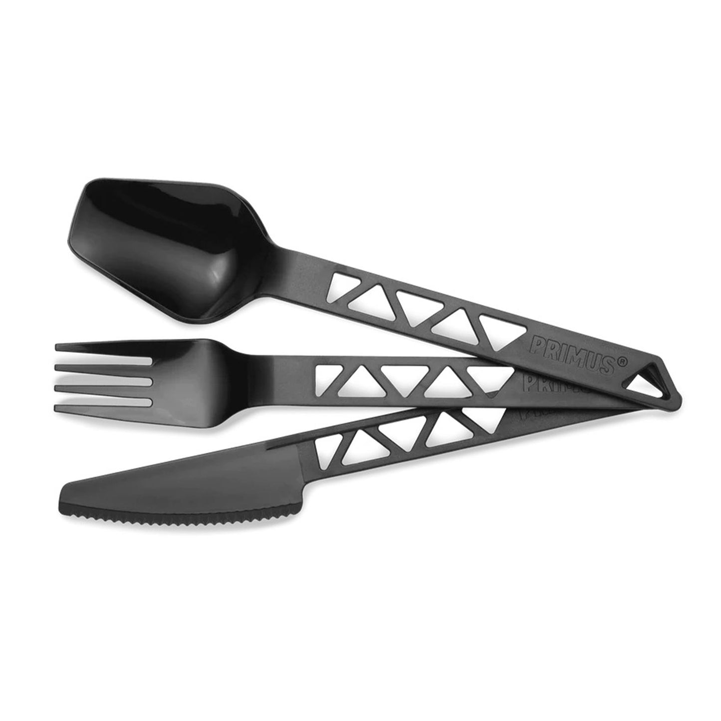 Primus Lightweight Trailcutlery Tritan stalo įrankių rinkinys – lengvi, kompaktiški peilis, šakutė ir šaukštas.