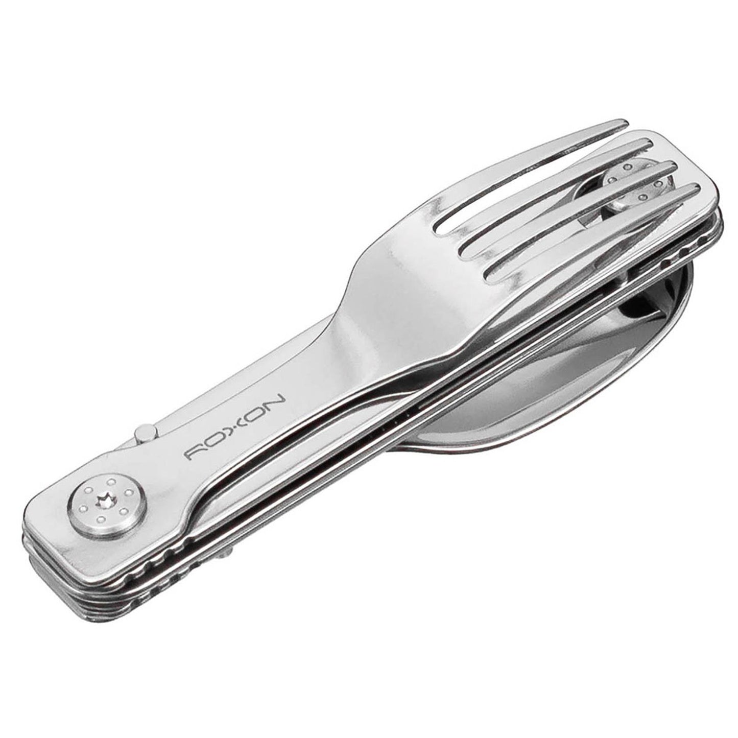 ROXON Cutlery C1 sulankstomas daugiafunkcinis įrankis šakutė šaukštas peilis kompaktiškas stalo įrankių rinkinys iš nerūdijančio plieno.