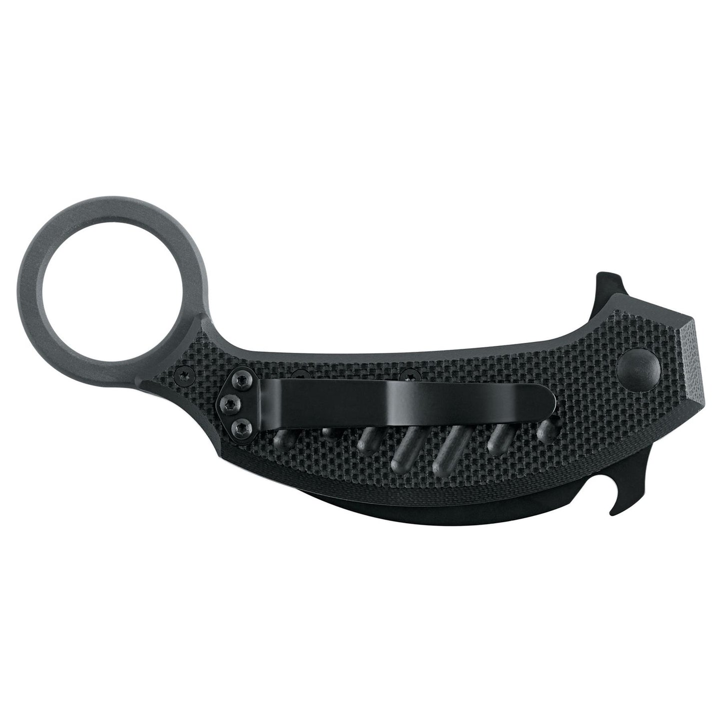 Fox Knives FOX PIKAL FX-826 sulankstomas karambito tipo peilis iš N690Co plieno su tekstūruota rankena ir kišeniniu segtuku.