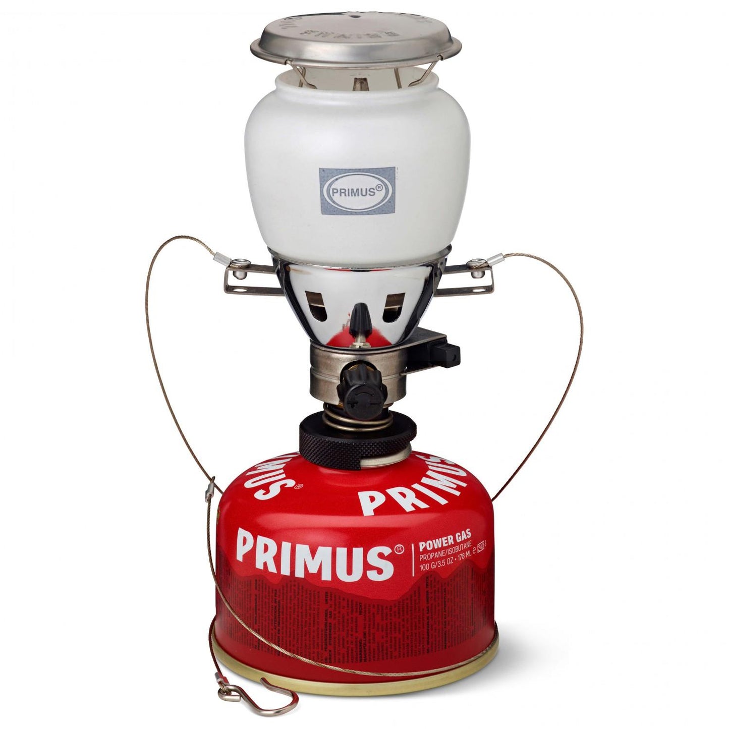 Primus EasyLight Duo dujinis žibintas stovyklavimui iš stiklo ir nerūdijančio plieno su reguliuojamu šviesumu.