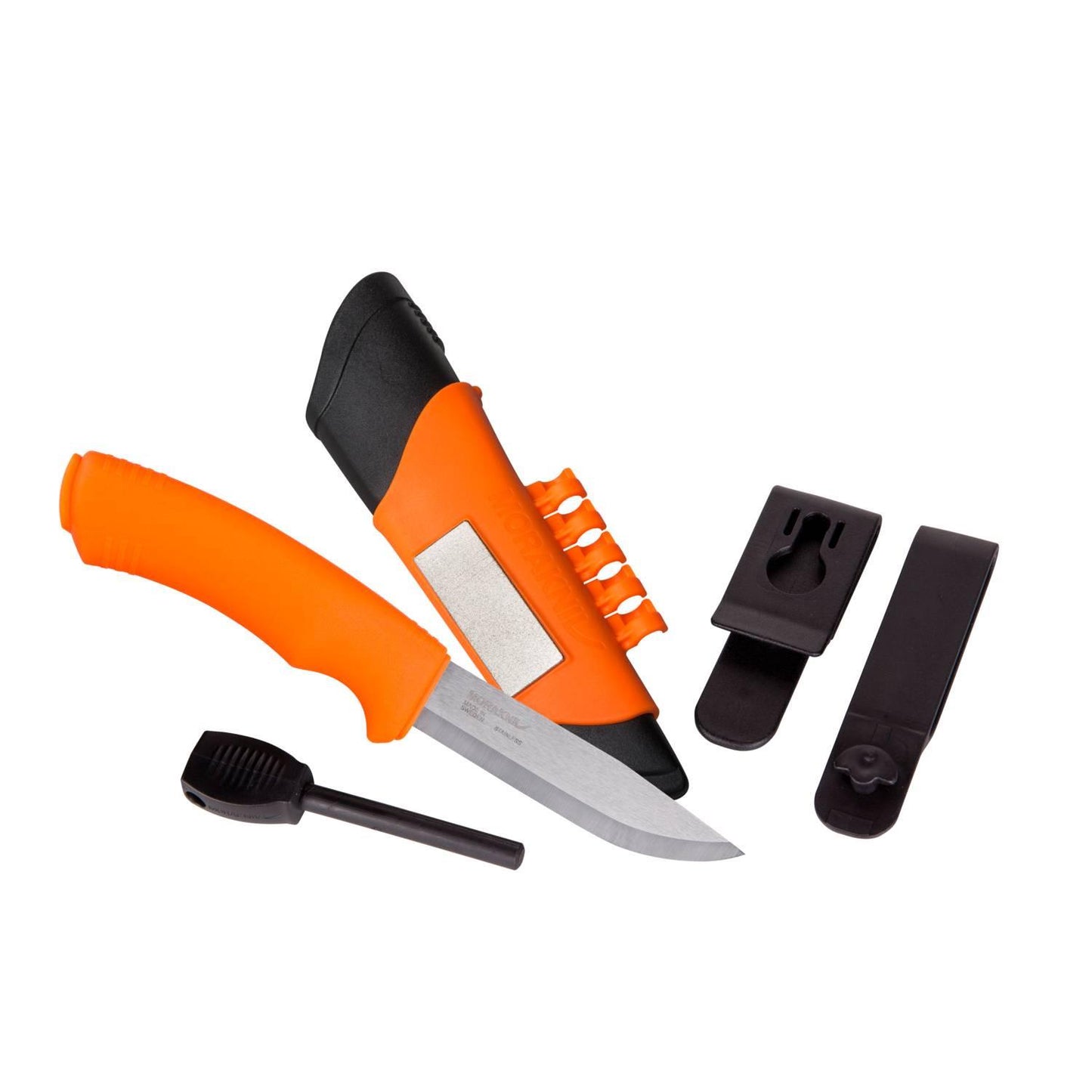 MORAKNIV išgyvenimo peilis su ugnies įžiebikliu ir deimantiniu galąstuvu iš nerūdijančio plieno su oranžiniu dangteliu.