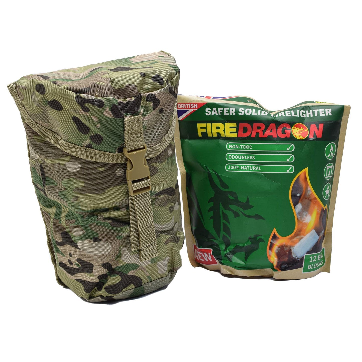 BCB Crusader turistinis rinkinys su kamufliažiniu krepšiu ir Fire Dragon kietu kuru stovyklavimui