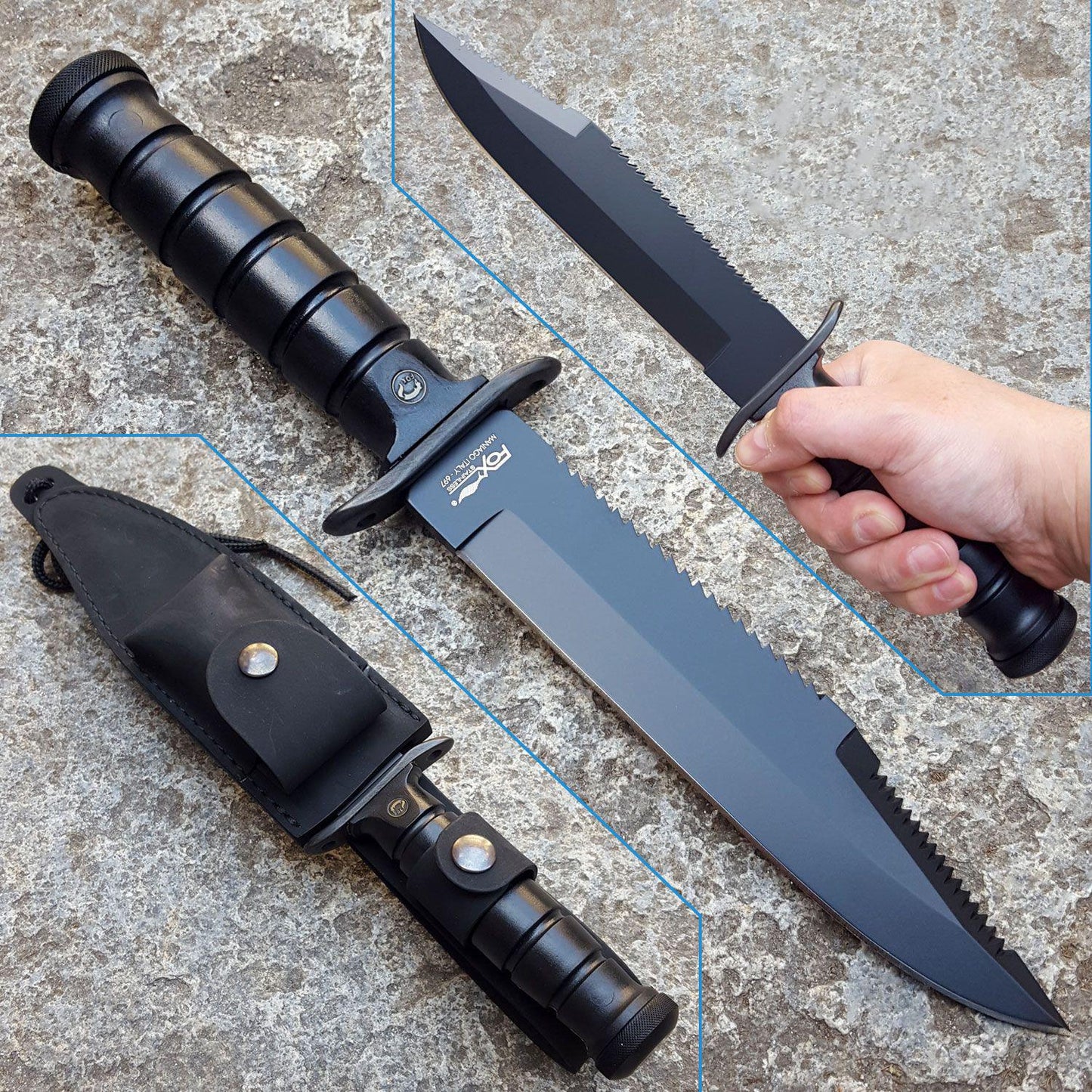 Fox Knives Military Explorer taktinis peilis su fiksuota geležte ir seruota nugarėle, juodos spalvos ašmenys ir rankena.