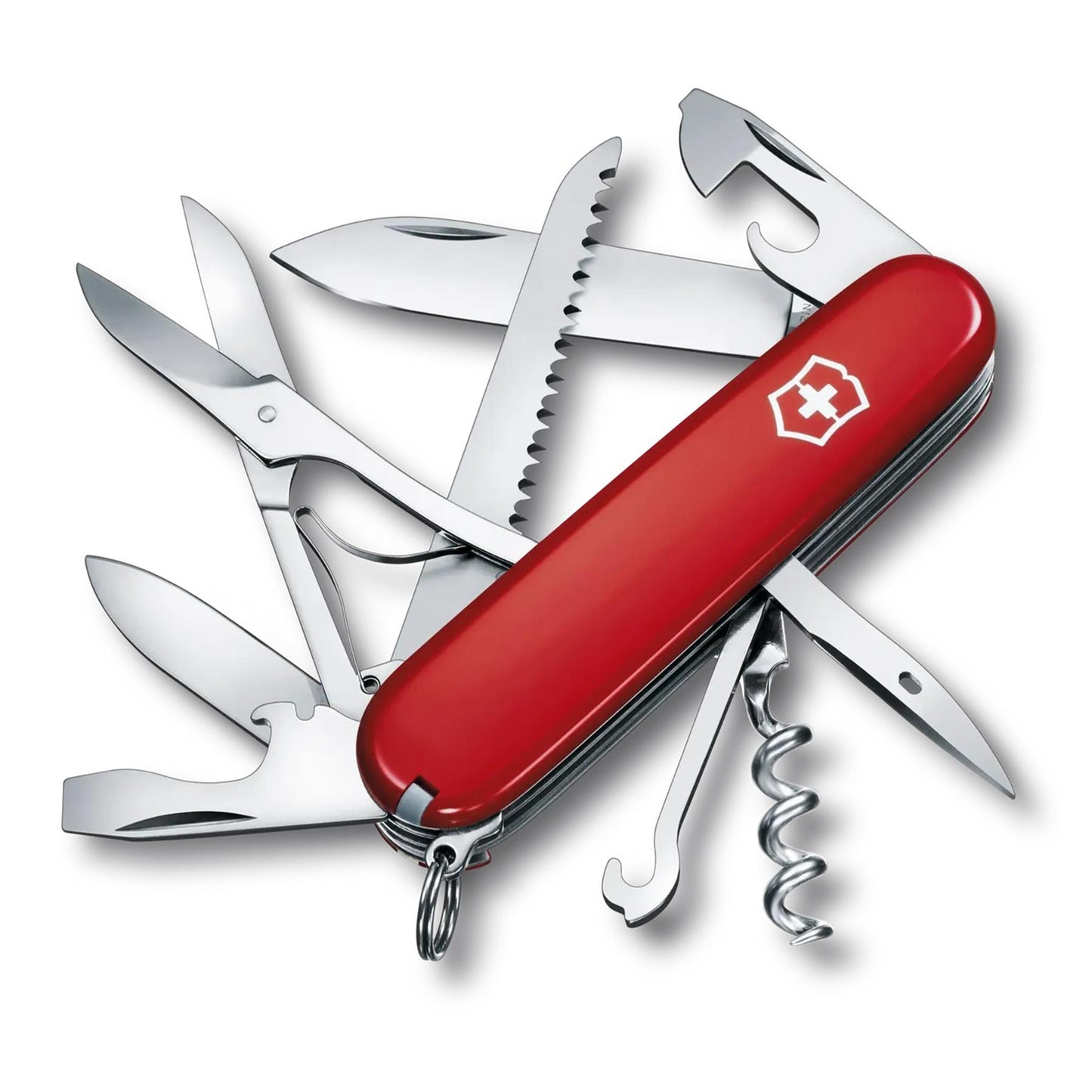 Victorinox Hunstsman daugiafunkcinis peilis su 12 funkcijų ir raudonu nerūdijančio plieno korpusu.