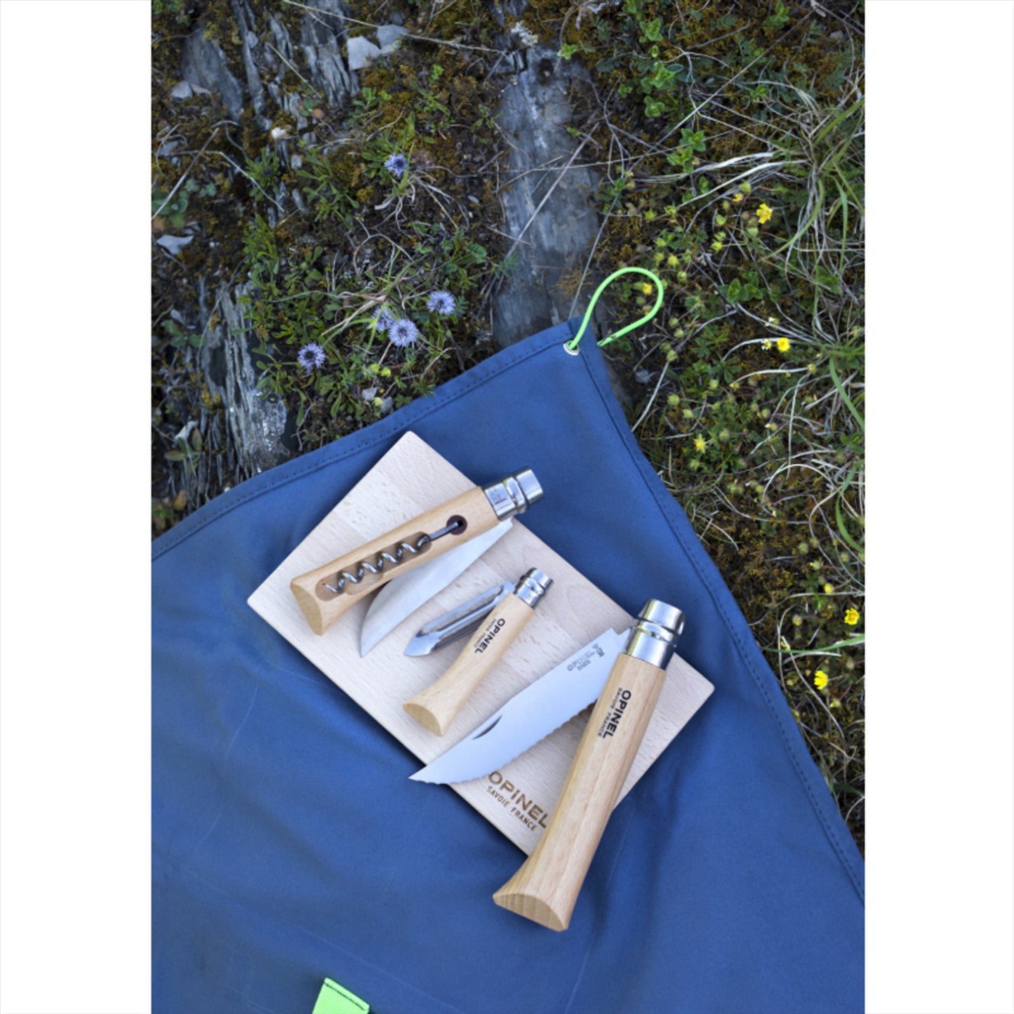Opinel Nomad gaminimo rinkinys 5 dalių iš peilių lentelės ir rankšluosčio