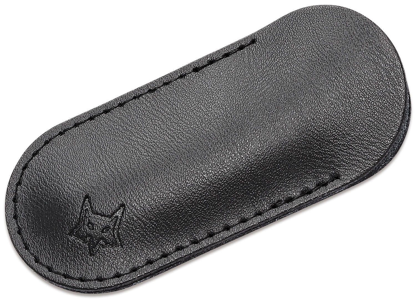 Fox Knives Livri sulankstomas peilis iš nerūdijančio plieno M390 juodas odinis dėklas ir logotipas.