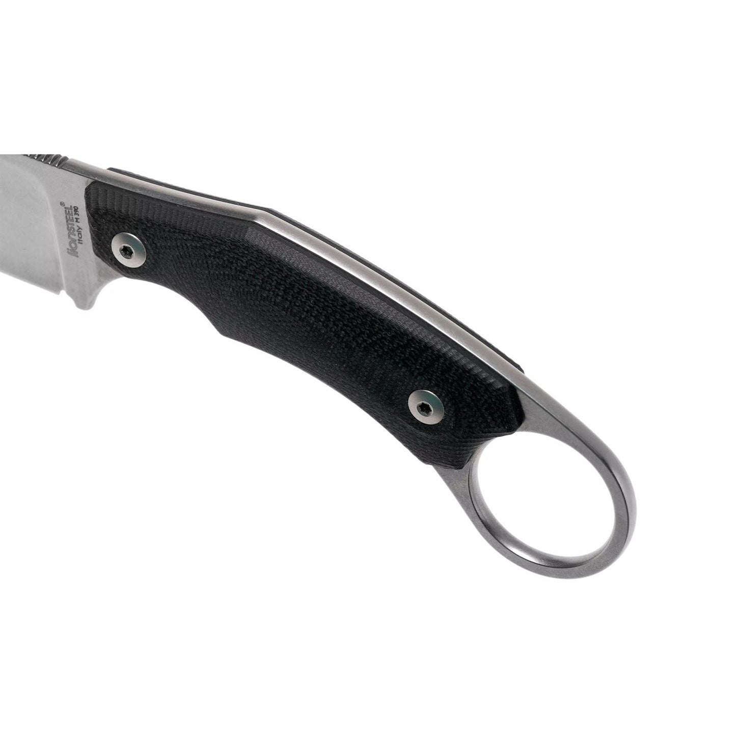 LionSteel H1 fiksuotas peilis su M390 plienu, juoda G10 rankena, pilnos konstrukcijos ir patvarus lauko darbams.