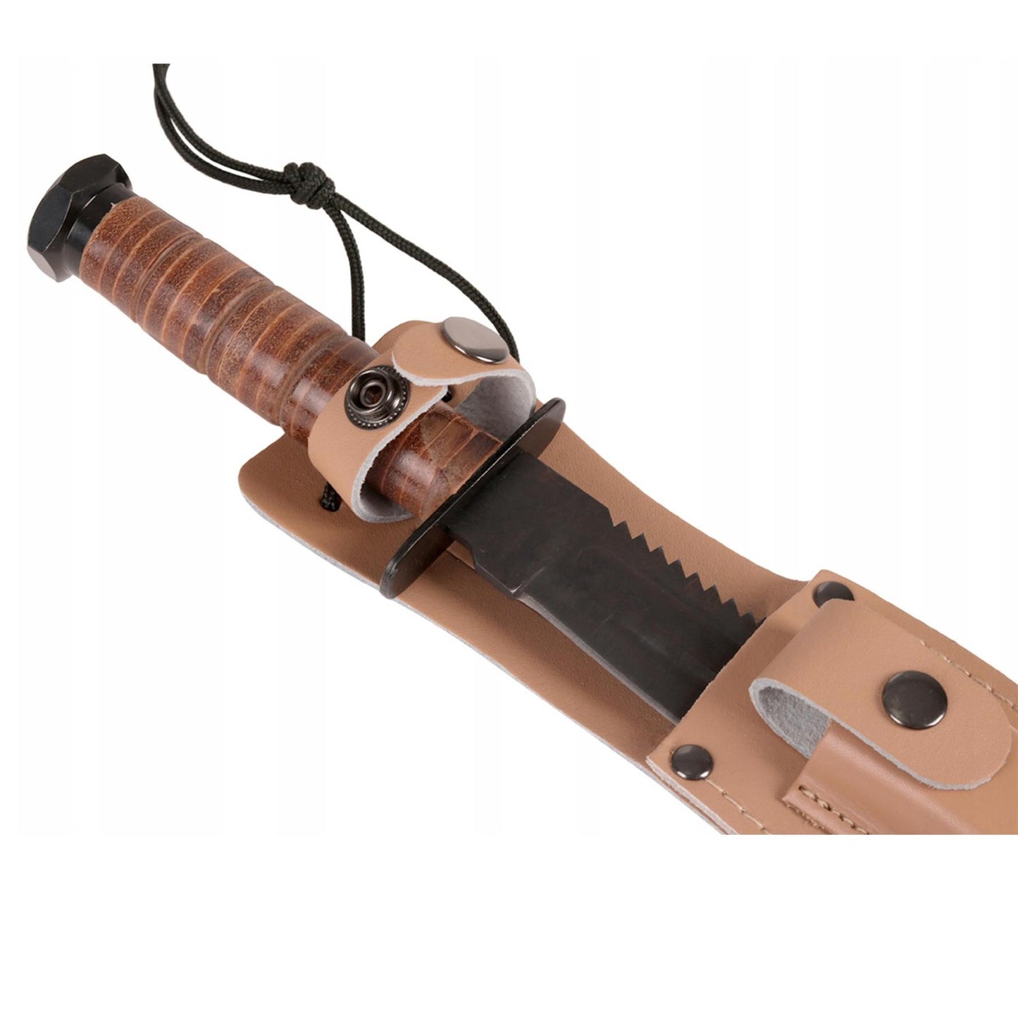 MIL-TEC JAV kariuomenės stiliaus peilis su dėklu, anglies plieno geležtė ir jaučio odos rankena bei dėklas.