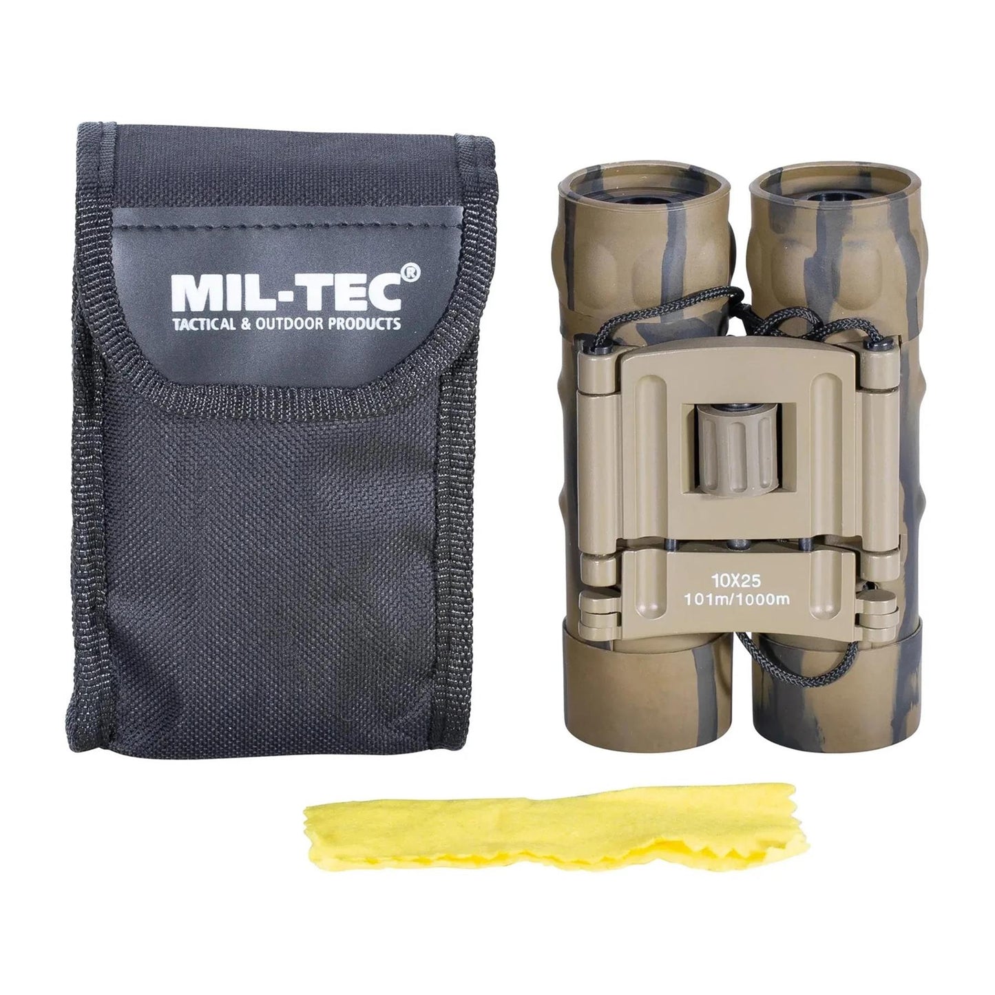 MIL-TEC Gen II sulankstomi žiūronai 10x25 Desert spalvos su dėklu ir valymo šluostele patogiam naudojimui.