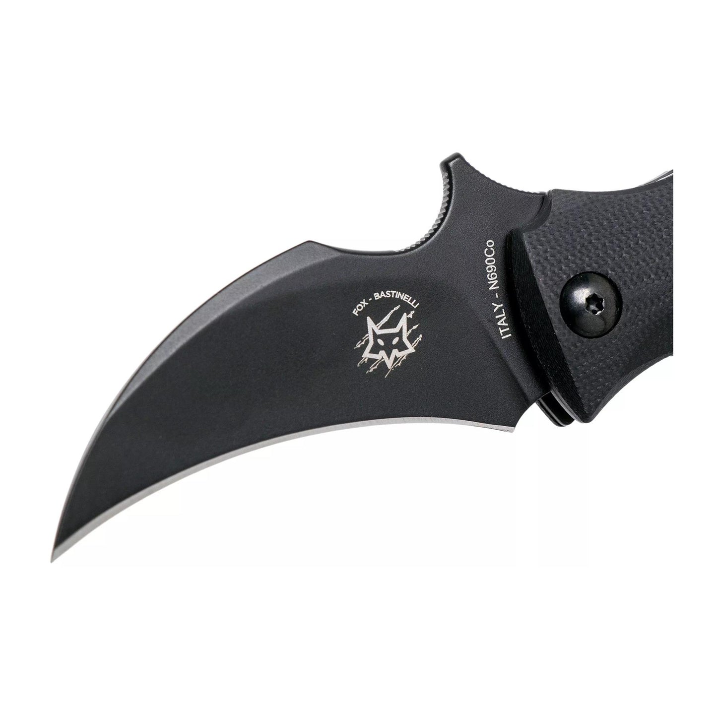 Fox Knives BLACK BIRD sulankstomas kišeninis peilis karambito formos su N690Co plieno ašmenimis ir juoda rankena.