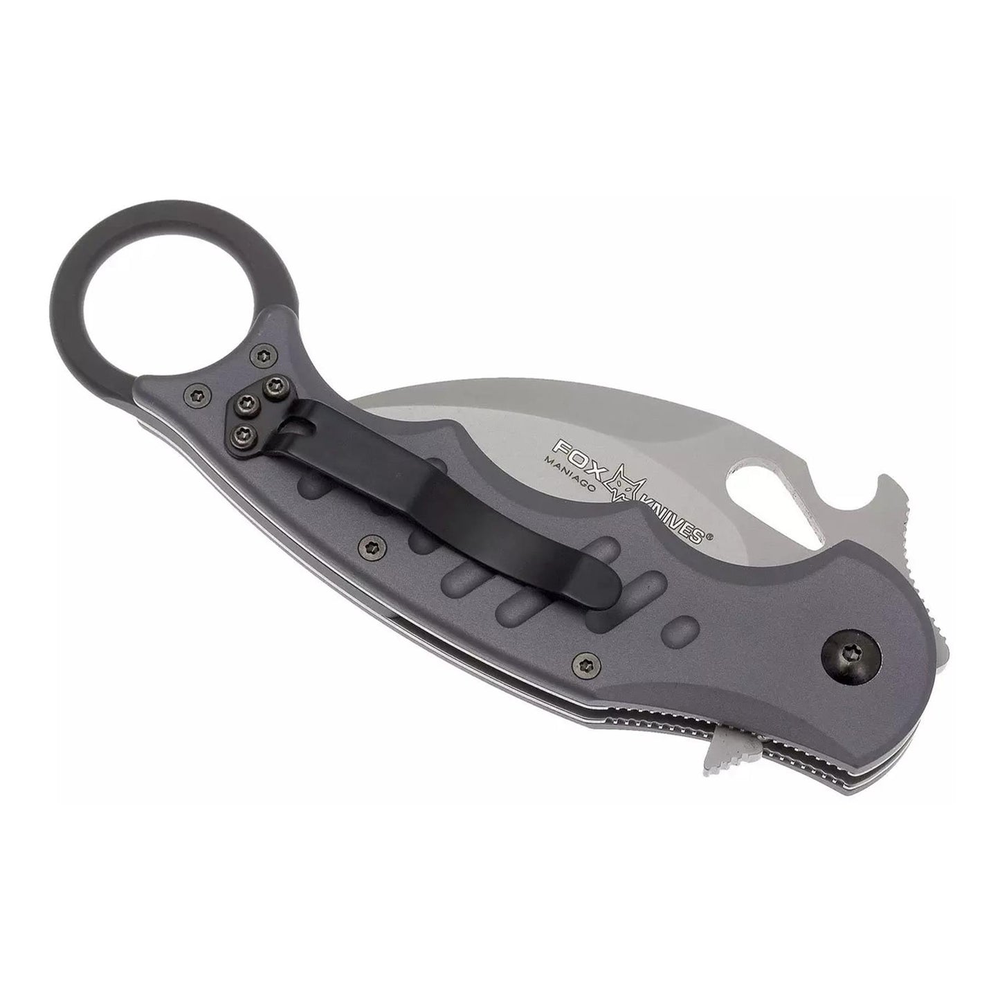 Fox Knives Mini Karambit FX-478 sulankstomas peilis su pilka rankena ir N690Co plieno ašmenimis.
