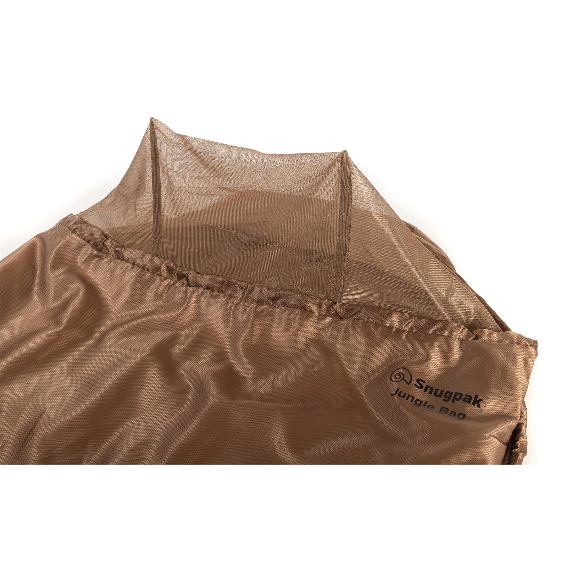 Snugpak miegmaišis 220cm su integruotu tinklų nuo vabzdžių rudos spalvos, skirtas šiltiems orams.