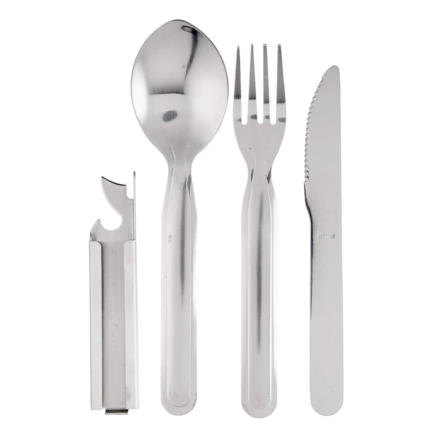 Compact KFS camping set with knife, fork, spoon and integrated can opener