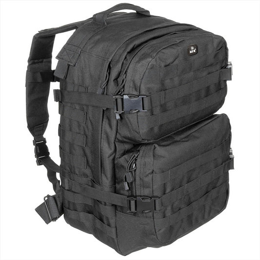 MFH US Assault II taktinė kuprinė 40L su MOLLE sistema ir gertuvės skyriumi juoda, patvari ir erdvi kuprinė.