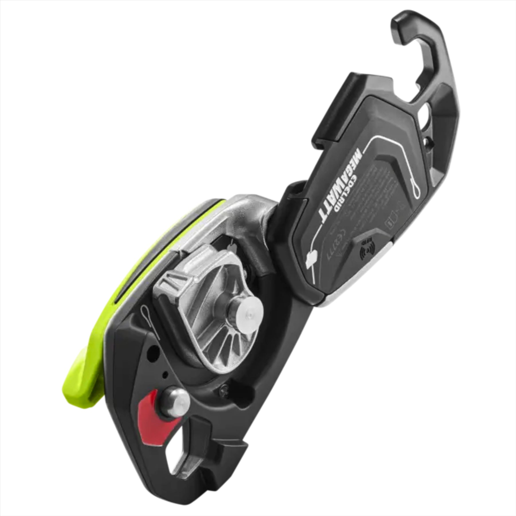 Edelrid MEGAWATT nusileidimo įrenginys darbui aukštyje ir gelbėjimui su aliuminio korpusu ir saugos funkcijomis.