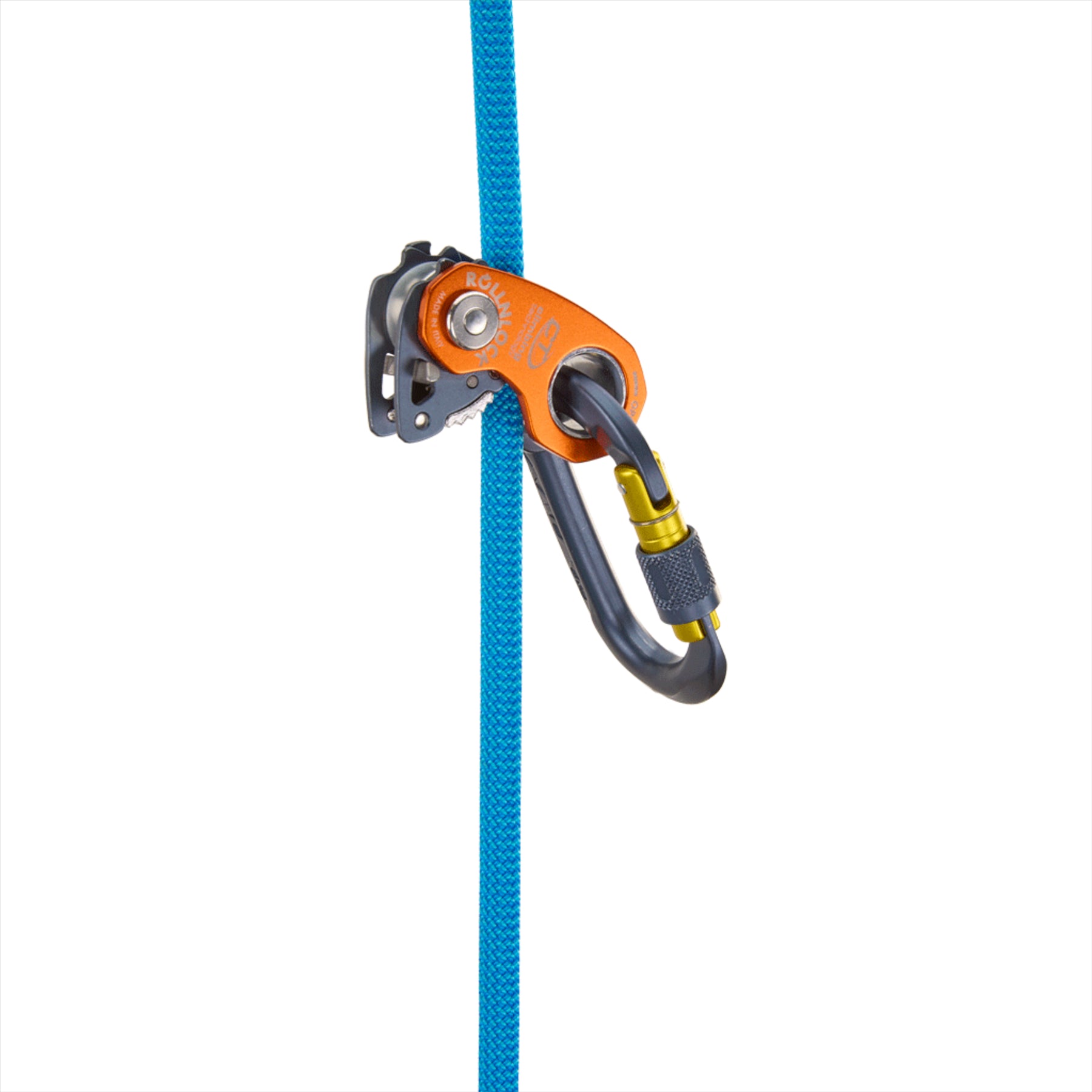 Climbing Technology ROLLNROCK skriemulinis lipimo įtaisas 3 in 1 mėlynas pritvirtintas prie mėlynos virvės su karabinu.