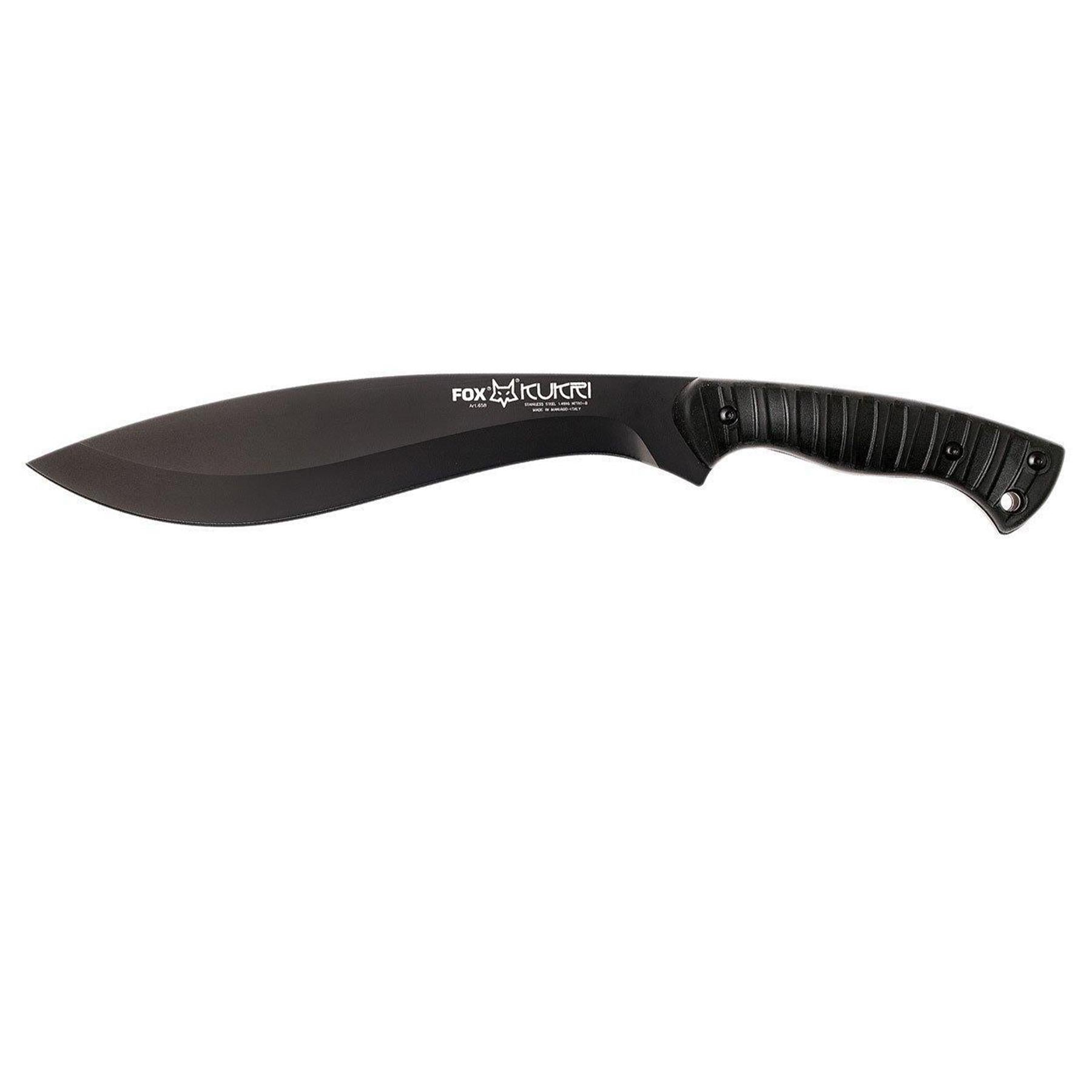Fox Knives KUKRI mačetė pagaminta iš 4119 nitro-B nerūdijančio plieno, juoda ir tvirta, Italijos gamybos.