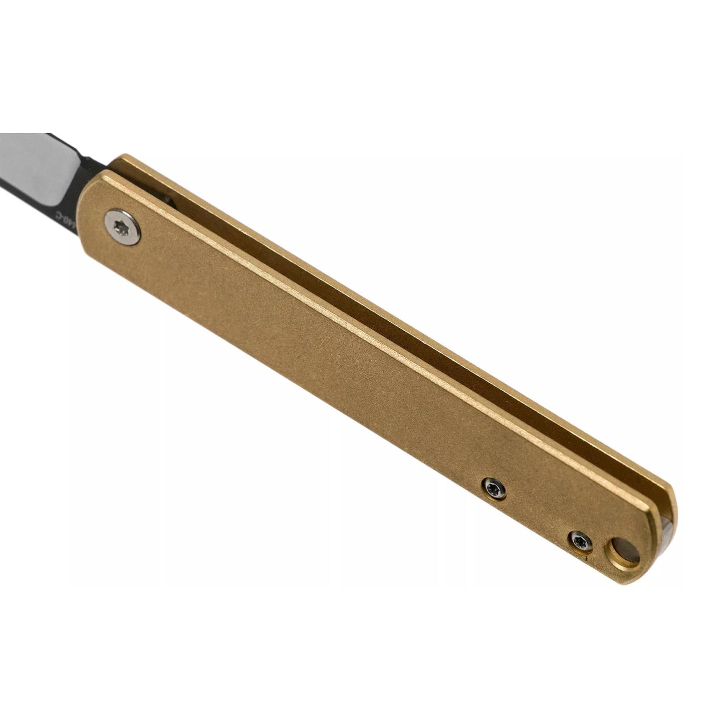 Boker Plus Zenshin 42 Brass sulankstomas peilis su nerūdijančio plieno ašmenimis ir bronzine rankena, vaizdas iš šono