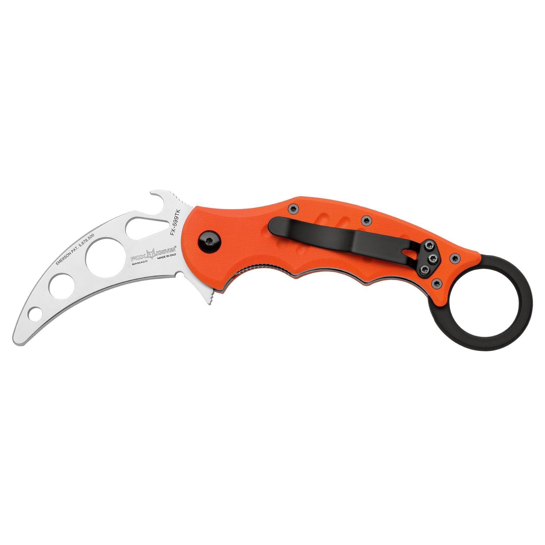 Fox Knives KARAMBIT FX-599 TK sulankstomas karambito tipo peilis iš AISI 420C plieno su oranžine G10 rankena.