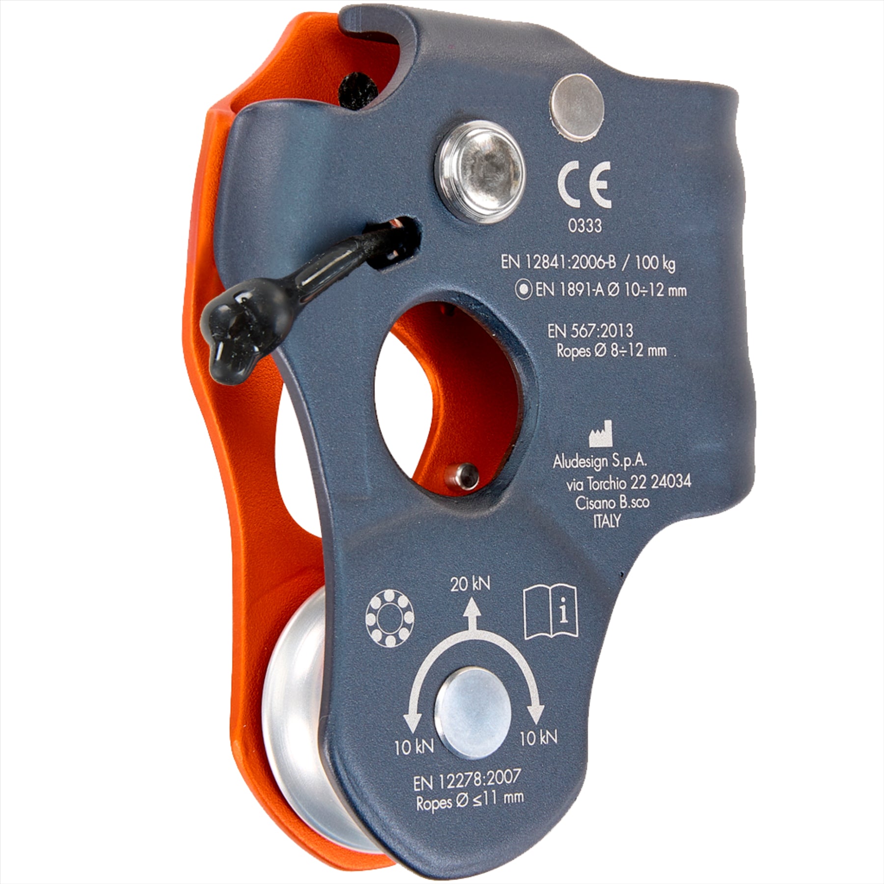 Climbing Technology CRIC tempimo skriemulys oranžinis su pilka aliuminio korpusu ir nerūdijančio plieno skriemuliu