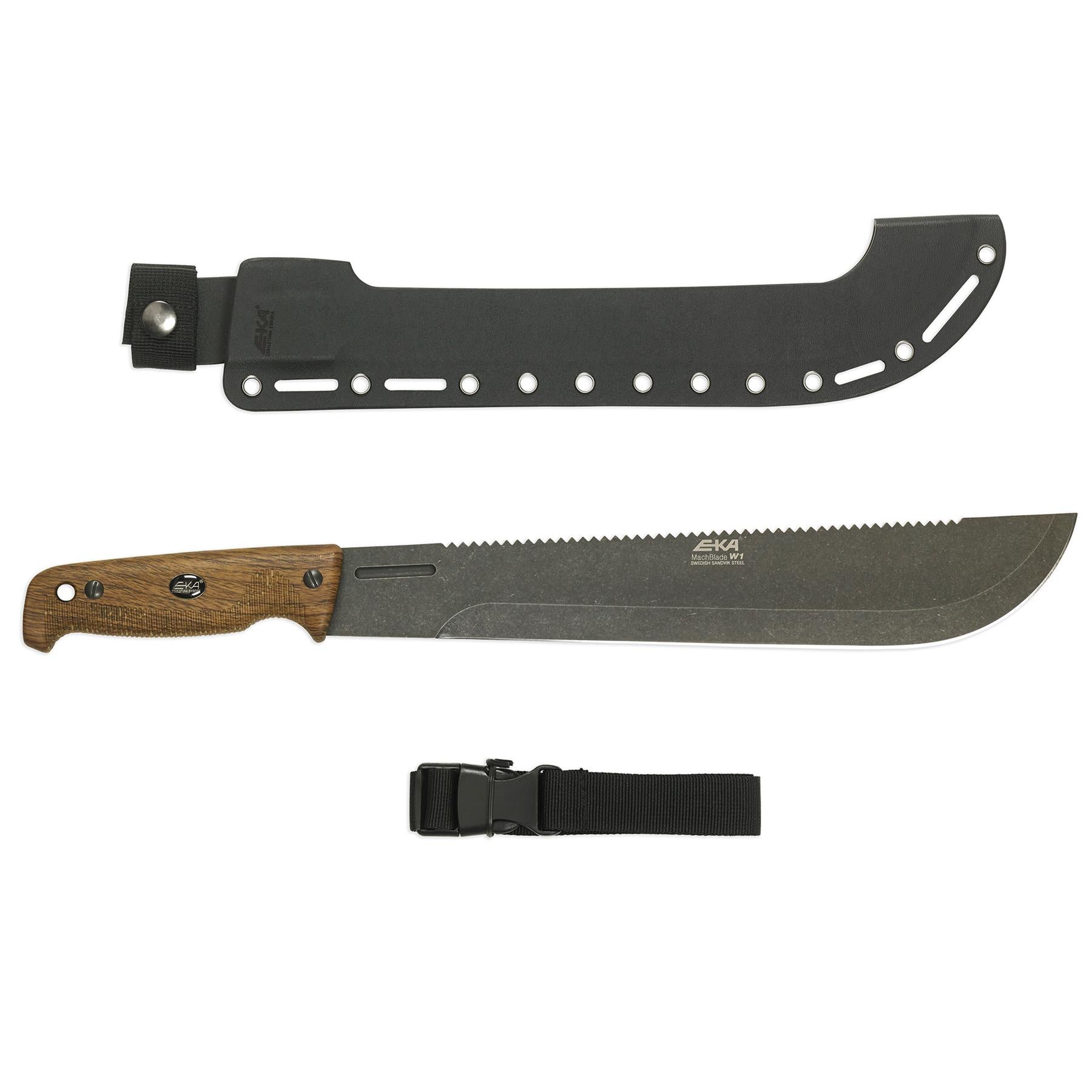 EKA MachBlade W1 mačetė su 12C27 plieno ašmenimis, pjūklo stiliaus nugarėle ir Kydex dėklu.