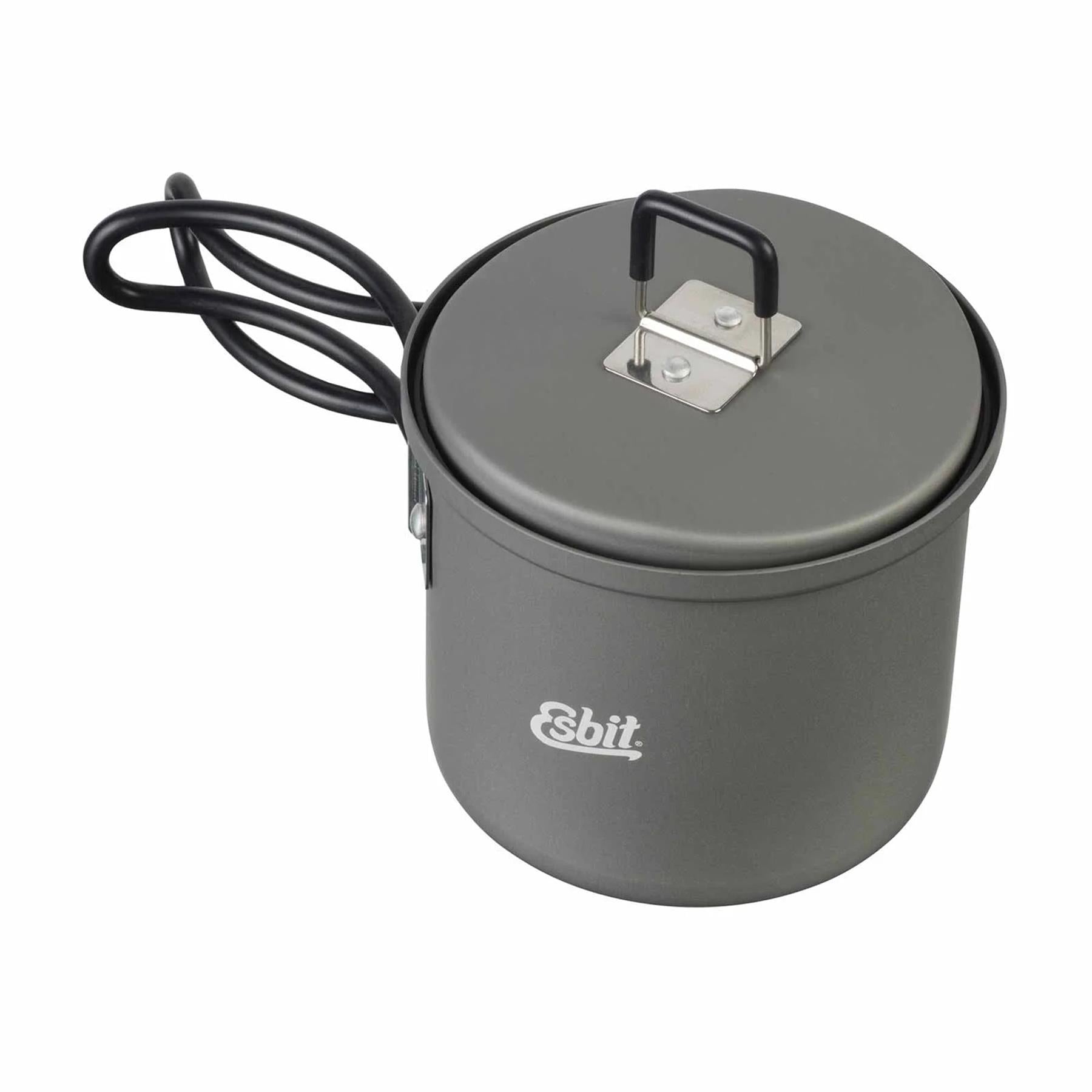 ESBIT stovyklavimo puodas 625ml anodizuotas aliuminis, lengvas ir patvarus indas lauko maisto gamybai.