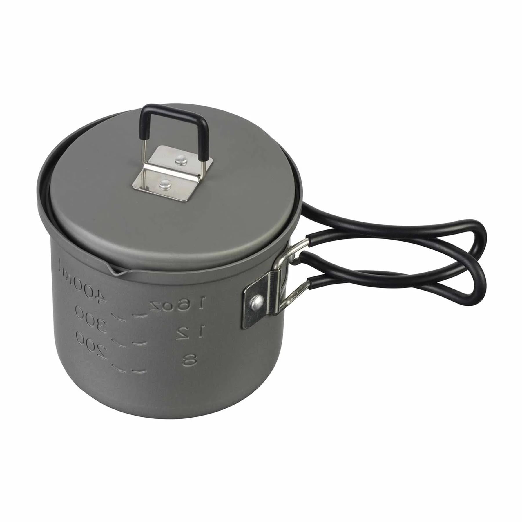 ESBIT stovyklavimo puodas 625ml anodizuotas aliuminis su sulankstoma rankena ir nepridegančia danga laukui.