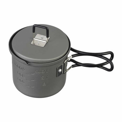 ESBIT stovyklavimo puodas 625ml anodizuotas aliuminis su sulankstoma rankena ir nepridegančia danga laukui.