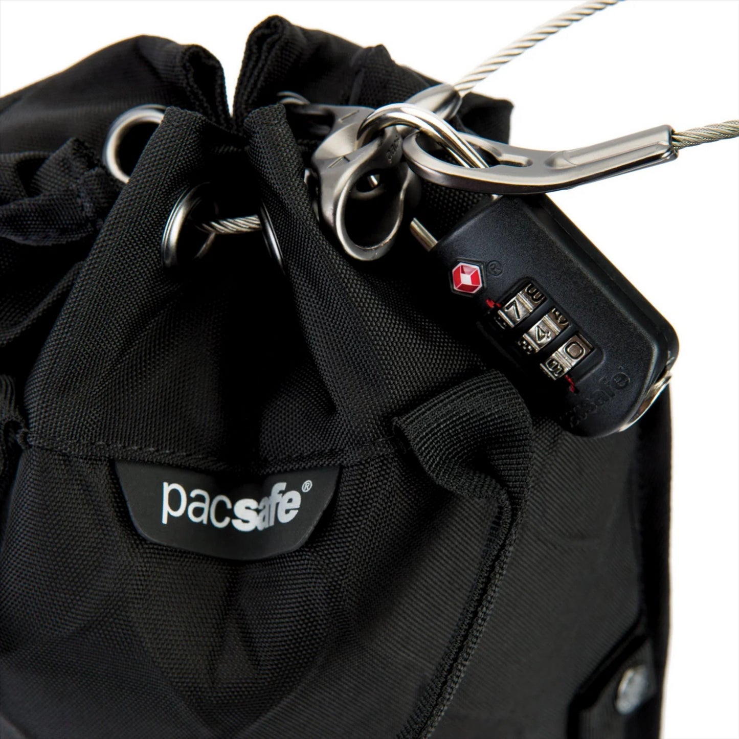 Pacsafe Travelsafe GII 5L krepšys atsparus pjovimui su užrakinama TSA spyna ir plieniniu kabeliu.
