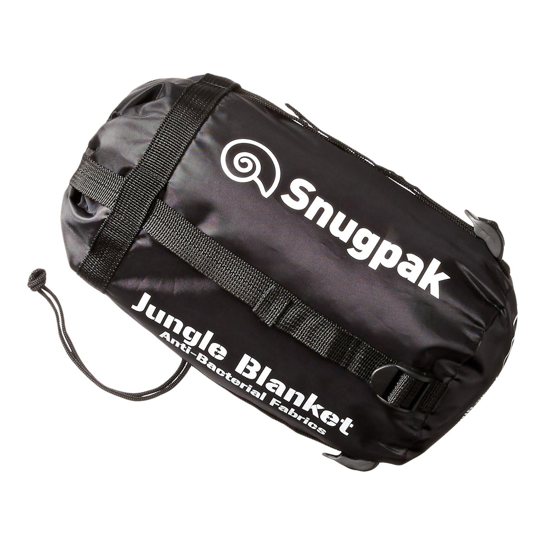 Snugpak pledas atsparus vejui ir vandeniui juodos spalvos kompaktiškame maiše stovyklavimui ir kelionėms.