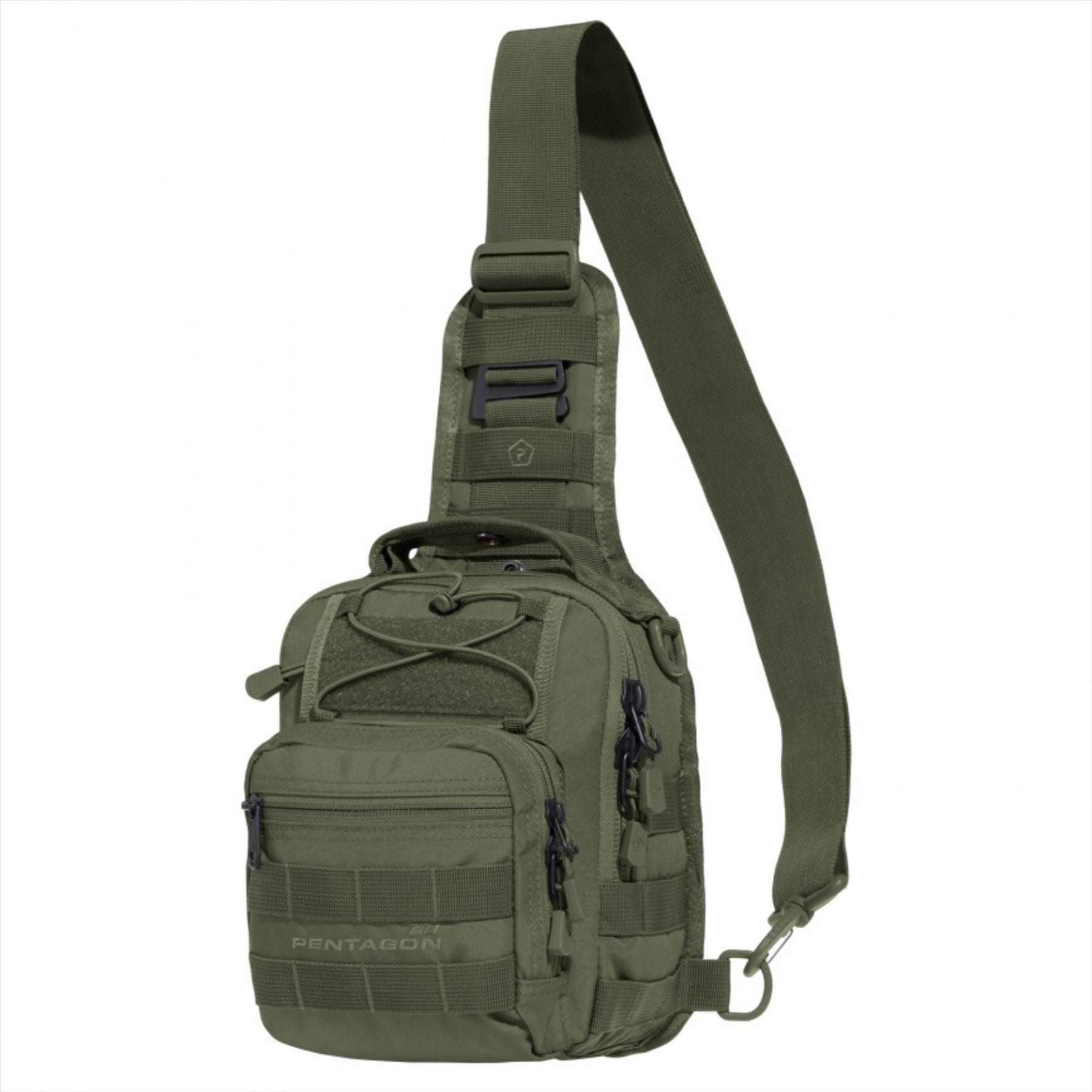 PENTAGON UCB 2.0 Chest krepšys 7L su MOLLE sistema, žalias kompaktiškas taktinio stiliaus krūtinės krepšys.