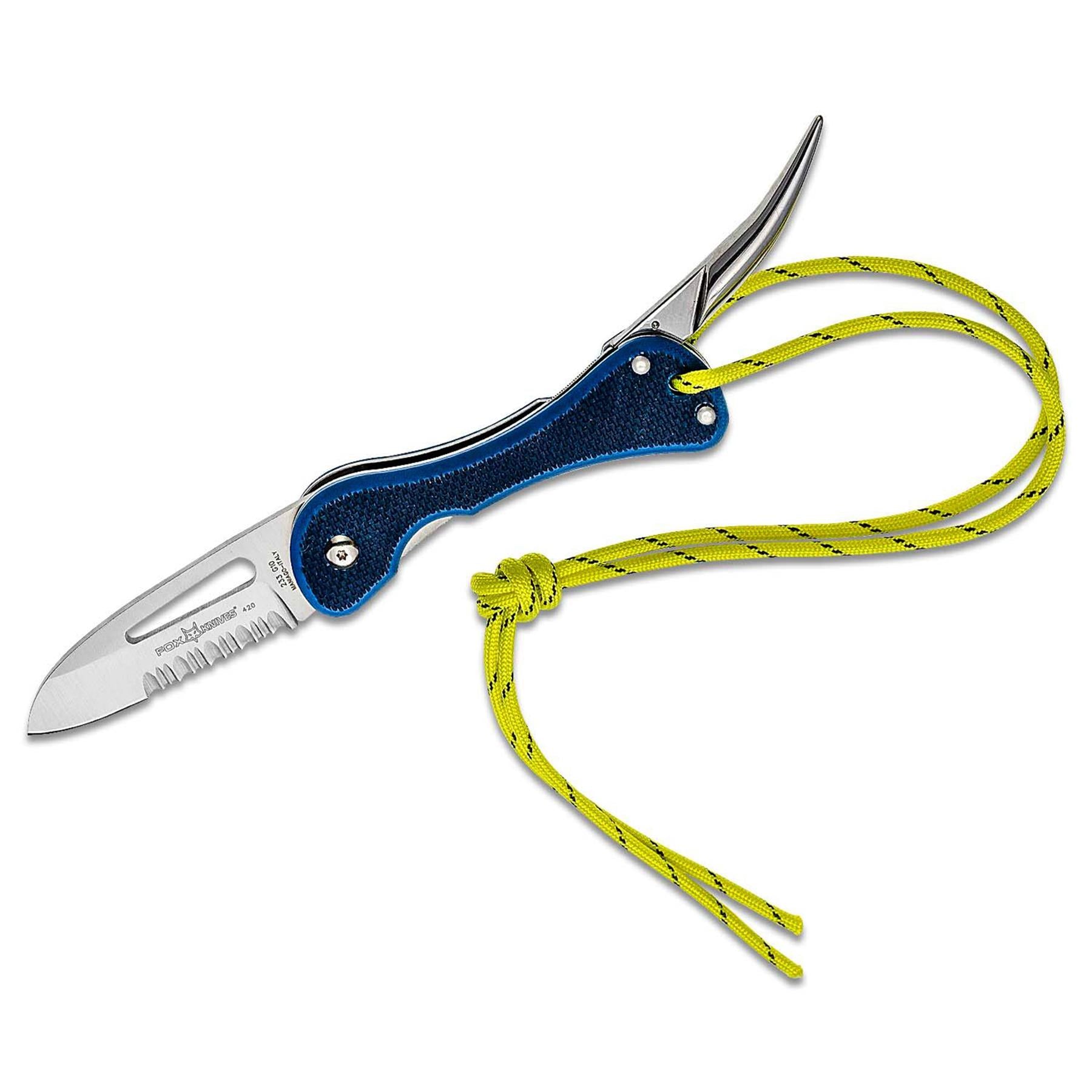 FoxKnives kišeninis jūreivio peilis iš 420C nerūdijančio plieno su dantyta briauna ir ryškia virvės kilpa.