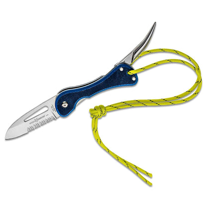 FoxKnives kišeninis jūreivio peilis iš 420C nerūdijančio plieno su dantyta briauna ir ryškia virvės kilpa.
