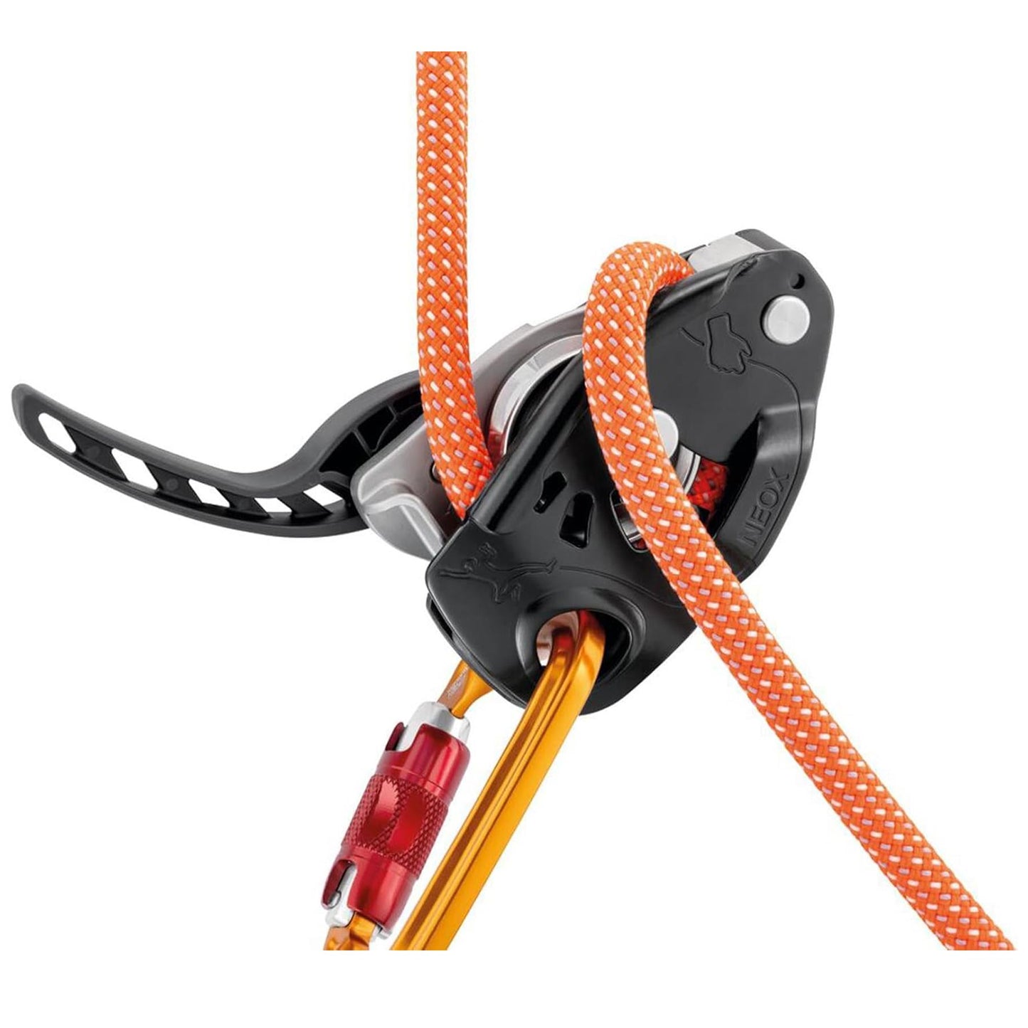 PETZL NEOX laipiojimo įrenginys su asistiniu stabdymu, ergonomiškas ir skirtas saugiam virvės valdymui laipiojant.