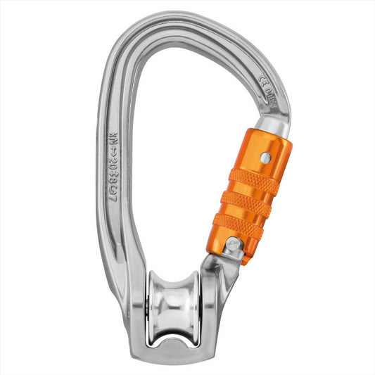 Aliumininis Petzl Rollclip Z Triact-Lock skriemulinis karabinas su automatiniu užraktu ir 20 mm virvėms.