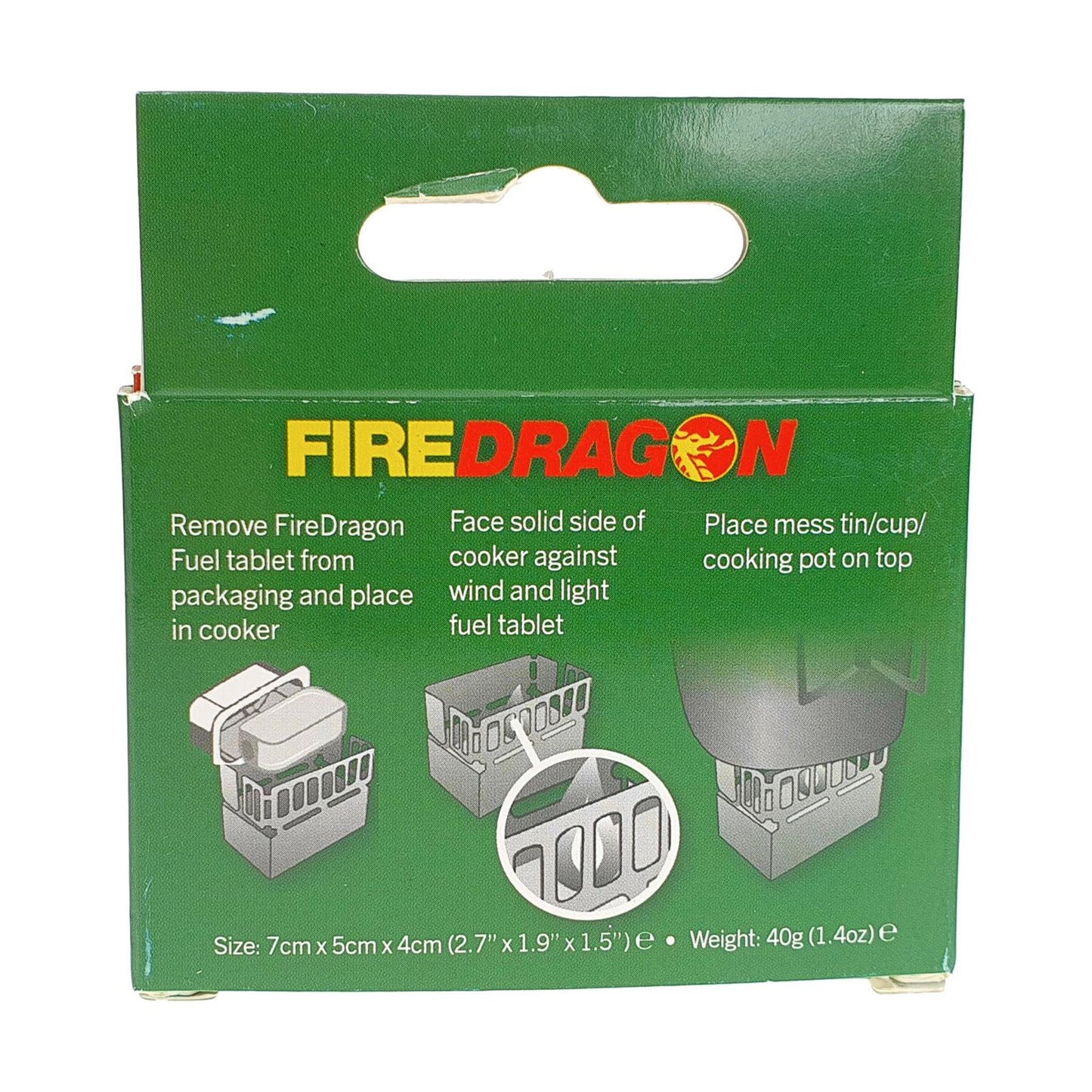 BCB FireDragon Mini Cooker MK2 maža aliuminė kieto kuro viryklė su naudojimo instrukcija ir kuro laikikliu.